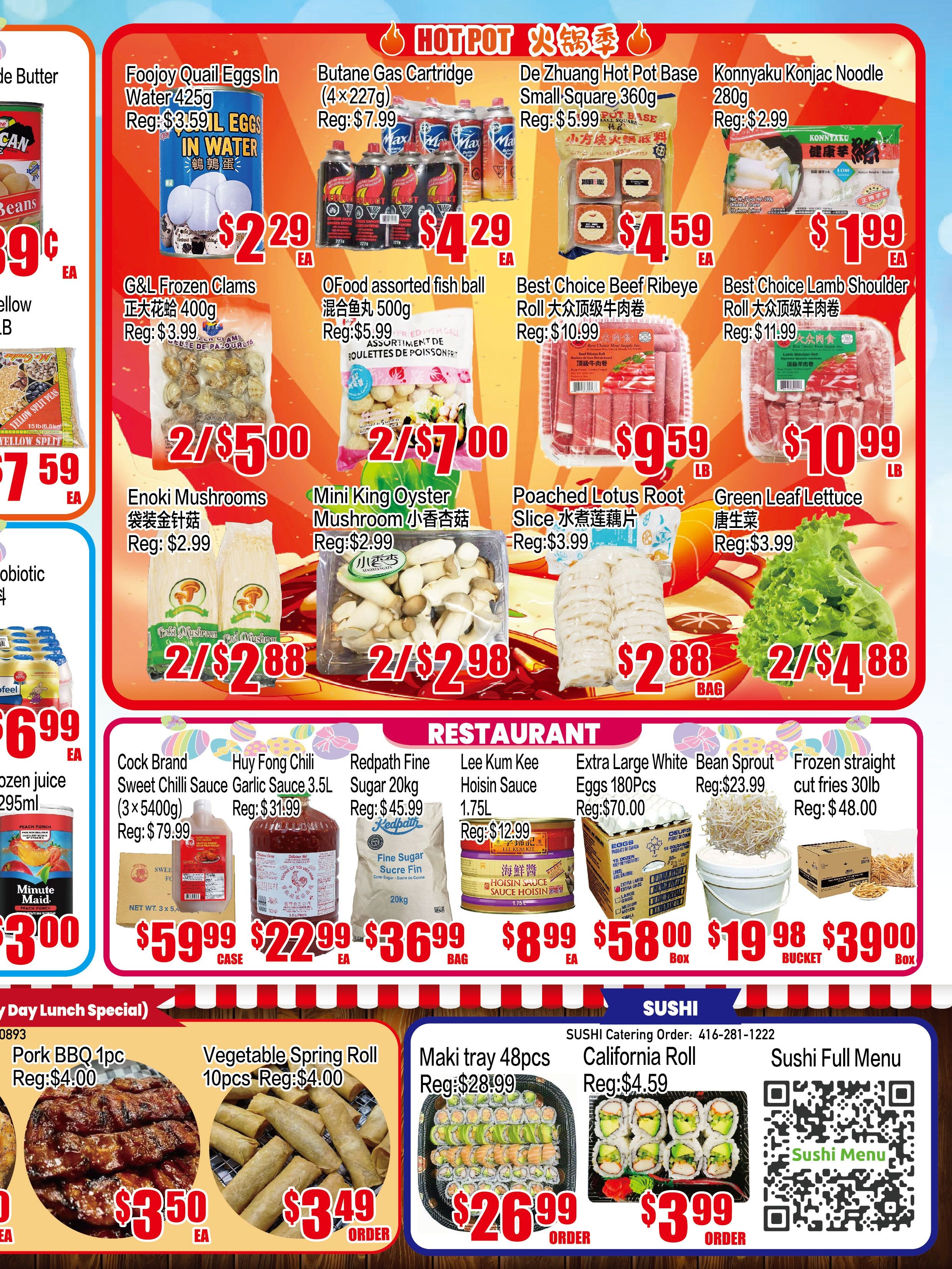 Fusion Supermarket weekly flyer specials page 3 features hot pot items and restaurant specials. Hot pot items include Foojoy Quail Eggs in Water for $2.29, Butane Gas Cartridges (4x227g) for $4.29, De Zhuang Hot Pot Base Small-Square 360g for $4.59, and Konnyaku Konjac Noodle 280g for $1.99. Also featured are G&L Frozen Clams 400g at 2 for $5.00, OFood assorted fish balls 500g at 2 for $7.00, Enoki Mushrooms at 2 for $2.88, and Mini King Oyster Mushrooms at 2 for $2.98. Meat specials include Best Choice Beef Ribeye Roll for $9.59/lb and Best Choice Lamb Shoulder Roll for $10.99/lb. Other produce and pantry items on sale are Poached Lotus Root Slice for $2.88/bag and Green Leaf Lettuce for 2 for $4.88. Restaurant specials include Cock Brand Sweet Chili Sauce (3x5400g) for $59.99/case, Huy Fong Chili Garlic Sauce 3.5L for $22.99/ea, Redpath Fine Sugar 20kg for $36.99/bag, Lee Kum Kee Hoisin Sauce 1.75L for $8.99/ea, Extra Large White Eggs 180pcs for $58.00/box, Bean Sprout for $19.98/bucket, and Frozen straight cut fries 30lb for $39.00/box. The 'Day Day Lunch Special' section includes Pork BBQ 1pc for $3.50/ea, Vegetable Spring Roll 10pcs for $3.49/order, Maki tray 48pcs for $26.99/order, and California Roll for $3.99/order. A sushi menu QR code is also displayed.
