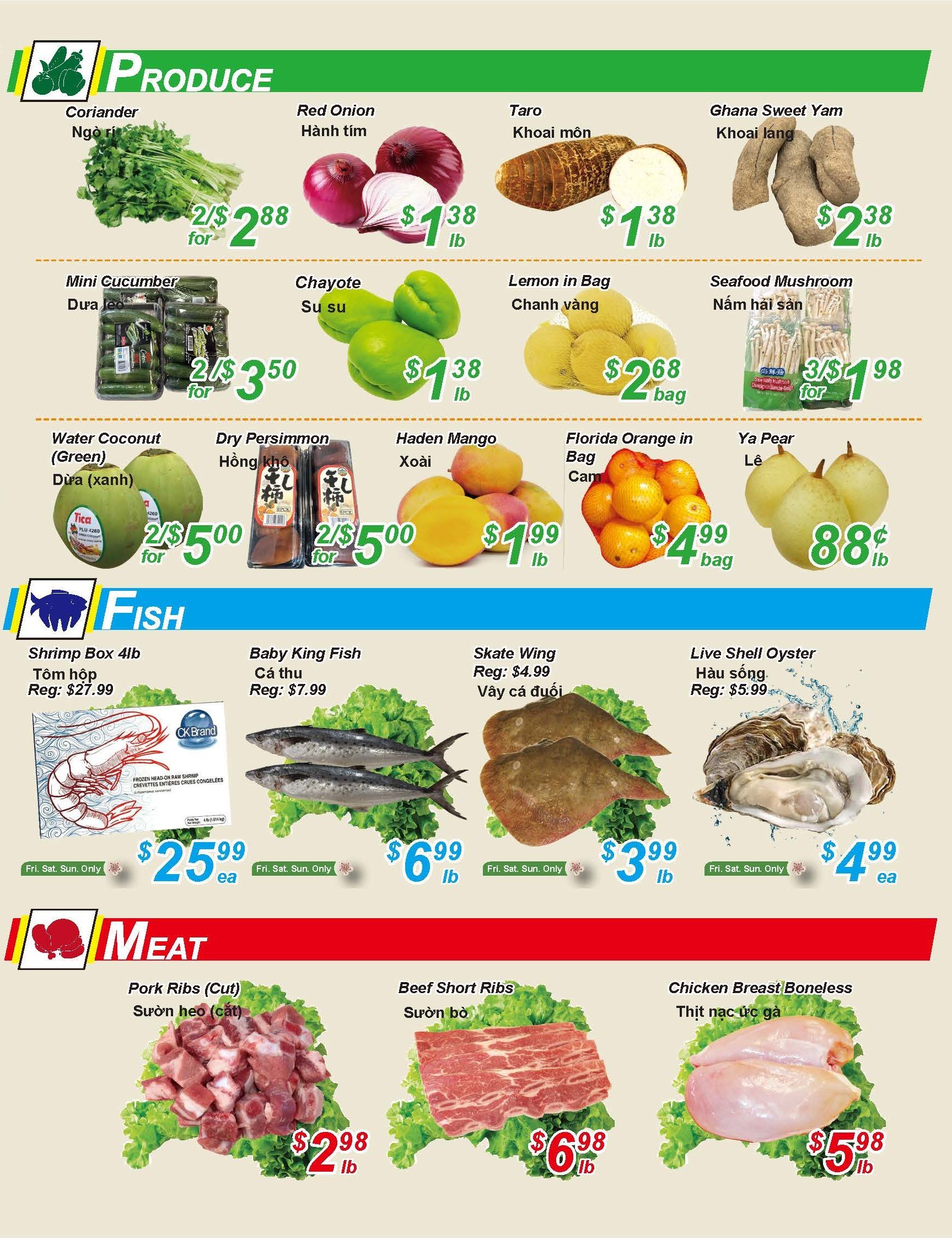 Golden Fresh Market weekly flyer specials, page 3. Produce section features Coriander for 2 for $2.88, Red Onion for $1.38 lb, Taro for $1.38 lb, and Ghana Sweet Yam for $2.38 lb. Mini Cucumber is 2 for $3.50, Chayote for $1.38 lb, Lemon in Bag for $2.68 bag, and Seafood Mushroom for 3 for $1.98. Also available are Water Coconut (Green) for 2 for $5.00, Dry Persimmon for 2 for $5.00, Haden Mango for $1.99 lb, Florida Orange in Bag for $4.99 bag, and Ya Pear for 88¢ lb. Fish section includes Shrimp Box 4lb for $25.99 ea (Fri-Sun Only), Baby King Fish for $6.99 lb (Fri-Sun Only), Skate Wing for $3.99 lb (Fri-Sun Only), and Live Shell Oyster for $4.99 ea (Fri-Sun Only). Meat section offers Pork Ribs (Cut) for $2.98 lb, Beef Short Ribs for $6.98 lb, and Chicken Breast Boneless for $5.98 lb.