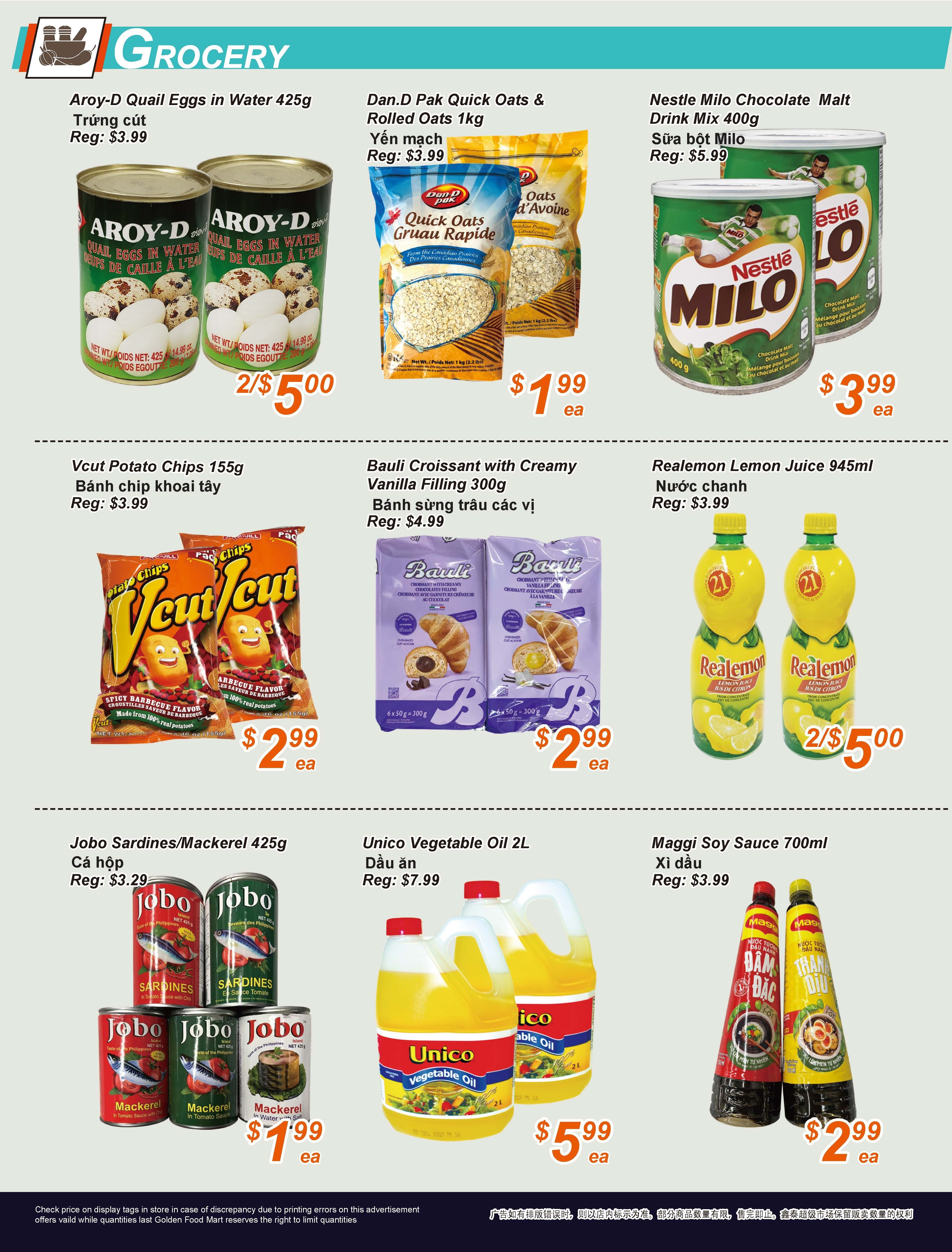 Golden Fresh Market weekly flyer specials, page 4. Featured grocery items include Aroy-D Quail Eggs in Water 425g for 2 for $5.00, Dan.D Pak Quick Oats & Rolled Oats 1kg for $1.99 each, and Nestle Milo Chocolate Malt Drink Mix 400g for $3.99 each. Also on sale are Vcut Potato Chips 155g for $2.99 each, Bauli Croissant with Creamy Vanilla Filling 300g for $2.99 each, and Realemon Lemon Juice 945ml for 2 for $5.00. Additionally, find Jobo Sardines/Mackerel 425g for $1.99 each, Unico Vegetable Oil 2L for $5.99 each, and Maggi Soy Sauce 700ml for $2.99 each.