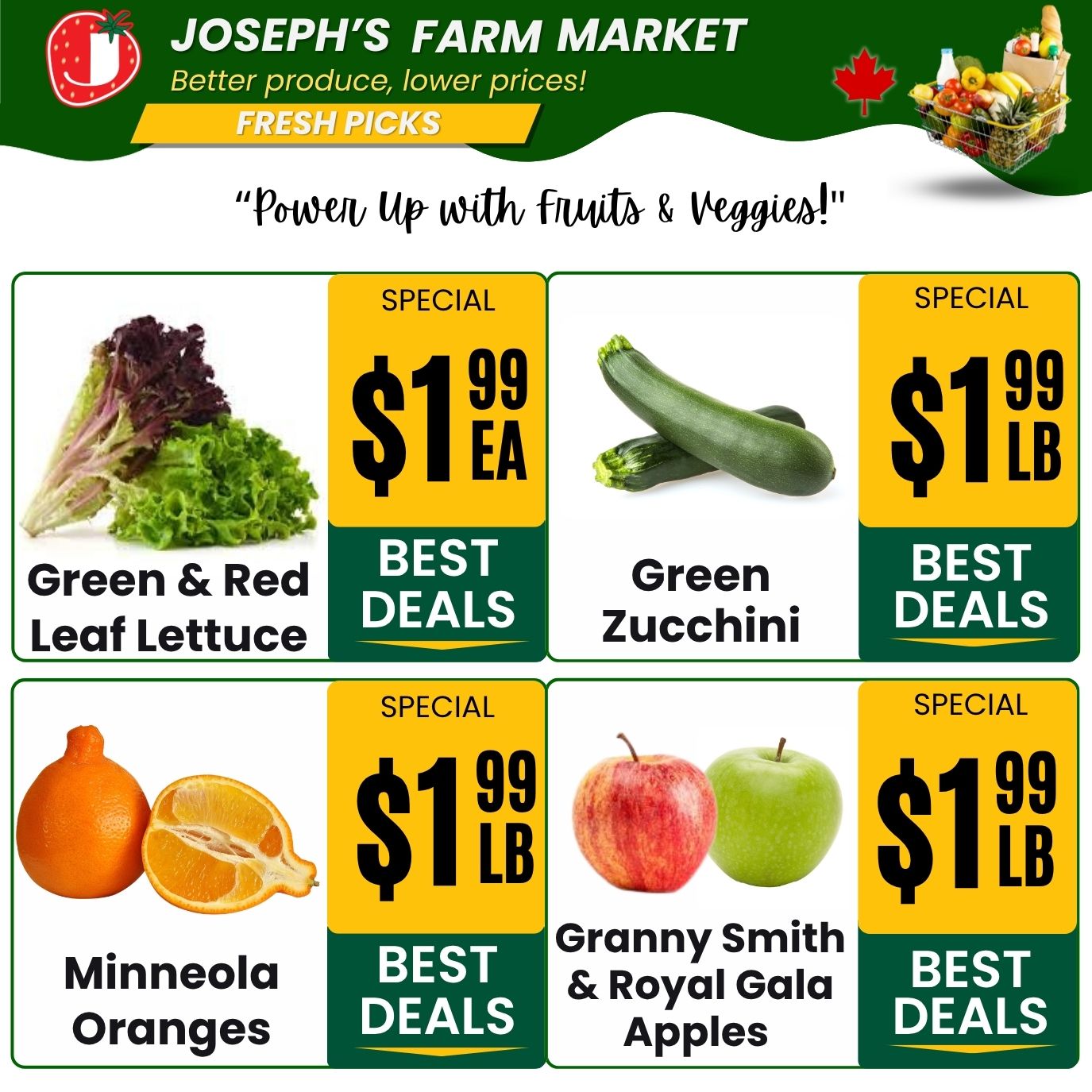 Joseph's Farm Market weekly flyer specials page 2, featuring fresh produce deals. Green & Red Leaf Lettuce is on special for $1.99 each. Green Zucchini is available for $1.99 per pound. Minneola Oranges are priced at $1.99 per pound. Granny Smith & Royal Gala Apples are also on special for $1.99 per pound. All items are highlighted as 'Best Deals'.