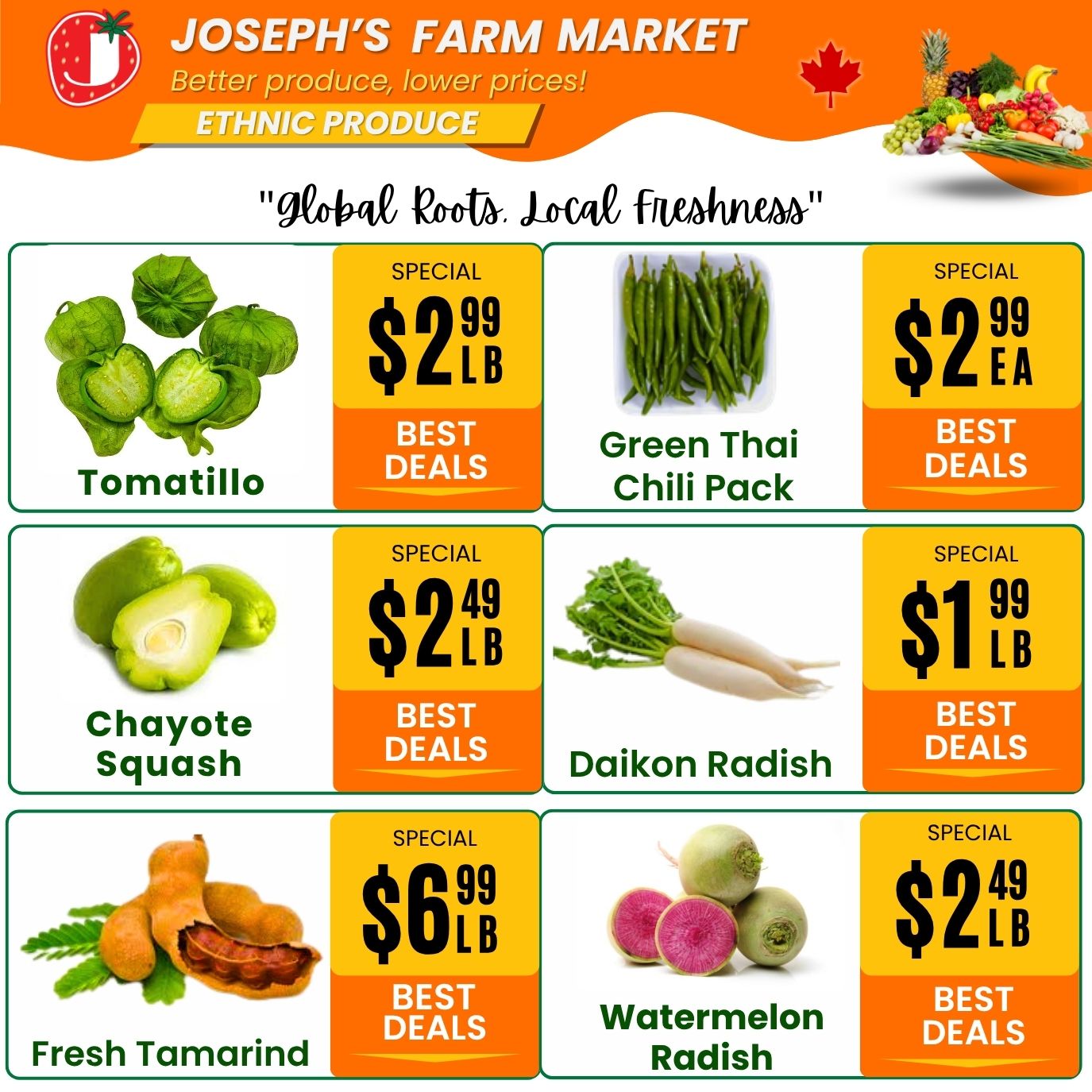 Joseph's Farm Market weekly flyer specials page 3, featuring ethnic produce. Tomatillos are on special for $2.99 per pound. Green Thai Chili packs are $2.99 each. Chayote Squash is $2.49 per pound. Daikon Radish is $1.99 per pound. Fresh Tamarind is $6.99 per pound. Watermelon Radish is $2.49 per pound. All items are listed under 'Best Deals'.