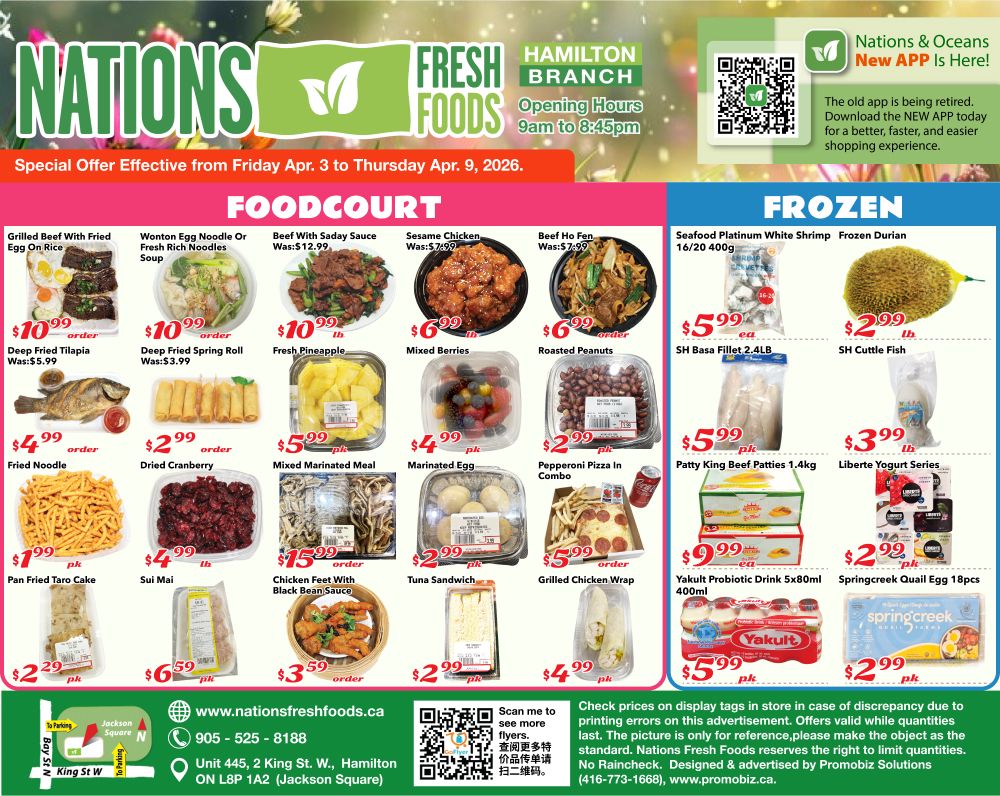 Nations Fresh Foods flyer for Hamilton Branch, featuring specials from April 3 to April 9, 2026. The Foodcourt section includes Grilled Beef with Fried Egg on Rice for $10.99, Deep Fried Tilapia for $4.99, Fried Noodle for $1.99, and Pan Fried Taro Cake for $2.29. Also available are Wonton Egg Noodle or Pork-Rich Noodles Soup for $10.99, Deep Fried Spring Roll for $3.99, Dried Cranberry for $2.99, and Sui Mai for $6.59. Other foodcourt items include Beef with Saday Sauce for $12.99, Fresh Pineapple for $5.99, Mixed Marinated Meal for $5.99, Chicken Feet with Black Bean Sauce for $15.99, Sesame Chicken for $6.99, Mixed Berries for $4.99, Marinated Egg for $4.99, Tuna Sandwich for $2.99, Roasted Peanuts for $6.99, Pepperoni Pizza in Combo for $2.99, Grilled Chicken Wrap for $5.99. The Frozen section offers Seafood Platinum White Shrimp 16/20 400g for $5.99, SH Basa Fillet 2.4LB for $5.99, Patty King Beef Patties 1.4kg for $5.99, Yakult Probiotic Drink 5x80ml 400ml for $9.99, and Springcreek Quail Egg 18pcs for $2.99. Also featured are Frozen Durian for $2.99 lb and SH Cuttle Fish for $2.99 lb, and Liberte Yogurt Series for $3.99 lb. The flyer also promotes the Nations & Oceans NEW APP and provides store contact information and website.