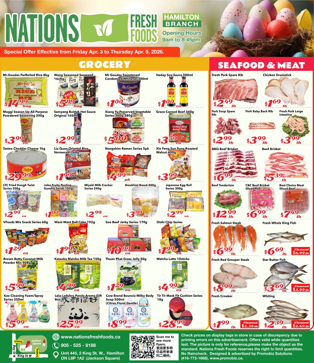 Nations Fresh Foods Hamilton flyer, page 2 of 3, featuring grocery and seafood & meat specials from April 3 to April 9, 2026. Grocery items include Mr. Goudas Parboiled Rice 8kg for $14.99, Maggi Season Up All Purpose Powdered Seasoning 200g for $3.99, Tastee Cheddar Cheese 1kg for $2.99, LTC Fried Dough Twist Series 500g for $29.99, VFoods Mix Snack Series 60g for $1.29, Brown Betty Coconut Milk Powder Mix 900g for $5.99, and Kao Cleaning Foam/Spray Series 350ml for $5.99. Also featured are Wang Seasoned Seaweed 16x49g for $4.88 (sale), Samyang Bulgdak Hot Sauce Original 165ml for $2.99, Liu Quan Oriental Rice Vermicelli 288g for $1.99, Jobo Fruity Peeling Gummy Series 105g for $1.99, Kataoka Matcha Milk Tea 150g for $1.99, and Lela Ladybird Panda Aroma Gift Box for $25.99. Other grocery deals include Mr Goudas Sweetened Condensed Whitener 300ml for $1.00, Xiang Yu Preserved Vegetable Series 360g-380g for 2 for $5.00, Miyaki Milk Cracker Series 240g for $4.99, Soo Beef Jerky Series 170g for $10.99, Thuan Phat Grass Jelly 50g for $1.99, and Cow Brand Bouncia Milky Body Soap 500ml for $8.99. Additionally, Haday Soy Sauce 500ml is $1.00, Grace Corned Beef 340g for $3.59, Xin Feng Sun Fung Roasted Walnut 400g for $3.99, Nongshim Ramen Series 5pk for $5.00, Breakfast Bread 400g for $3.99, Japanese Egg Roll Series 300g for $3.99, Want Ball Cake 192g for $2.99, Oishi Chip Series for $1.99, and Tir Tir Mask Fit Cushion Series 18g for $28.99. Seafood and meat specials include Fresh Pork Spare Rib for $2.49/lb, Chicken Drumstick for $1.69/lb, Pork Soup Spare Rib for $2.99/lb, Pork Baby Back Rib for $3.99/lb, Fresh Pork Large Intestine for $3.99/lb, BBQ Beef Brisket for $6.99/lb, Beef Brisket for $5.39/lb, Best Choice Meat Sliced Beef for $5.39/lb, Beef Tenderloin for $6.99/lb, CBC Beef Brisket Sliced Roll for $5.39/lb, Fresh Salmon Steak for $12.99/lb, Fresh Whole King Fish for $6.99/lb, Fresh Red Grouper Steak for $6.99/lb, Star Butter Fish for $6.69/lb, Fresh Croaker for $8.99/lb, and Whiting for $3.69/lb. Prices are subject to change and may vary due to printing errors.