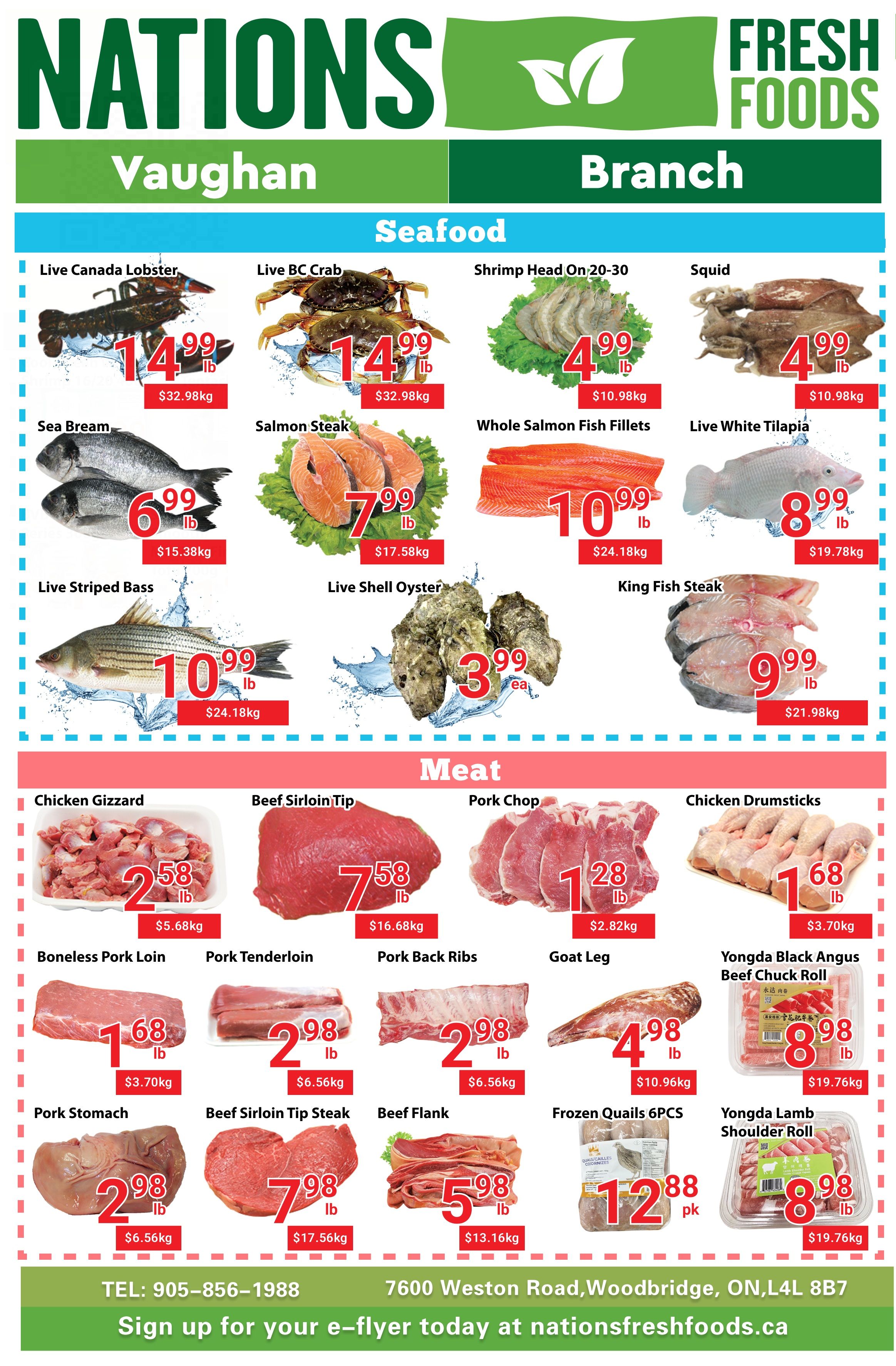 Nations Fresh Foods Vaughan flyer page 3 features a wide selection of seafood and meat. Seafood includes Live Canada Lobster at $14.99/lb, Live BC Crab at $14.99/lb, Shrimp Head On 20-30 at $4.99/lb, Squid at $4.99/lb, Sea Bream at $6.99/lb, Salmon Steak at $7.99/lb, Whole Salmon Fish Fillets at $10.99/lb, Live White Tilapia at $8.99/lb, Live Striped Bass at $10.99/lb, Live Shell Oyster at $3.99 each, and King Fish Steak at $9.99/lb. Meat selections include Chicken Gizzard at $2.58/lb, Beef Sirloin Tip at $7.58/lb, Pork Chop at $1.28/lb, Chicken Drumsticks at $1.68/lb, Boneless Pork Loin at $1.68/lb, Pork Tenderloin at $2.98/lb, Pork Back Ribs at $2.98/lb, Goat Leg at $4.98/lb, Yongda Black Angus Beef Chuck Roll at $8.98/lb, Pork Stomach at $2.98/lb, Beef Sirloin Tip Steak at $7.98/lb, Beef Flank at $5.98/lb, Frozen Quails 6PCS at $12.88 pk, and Yongda Lamb Shoulder Roll at $8.98/lb.