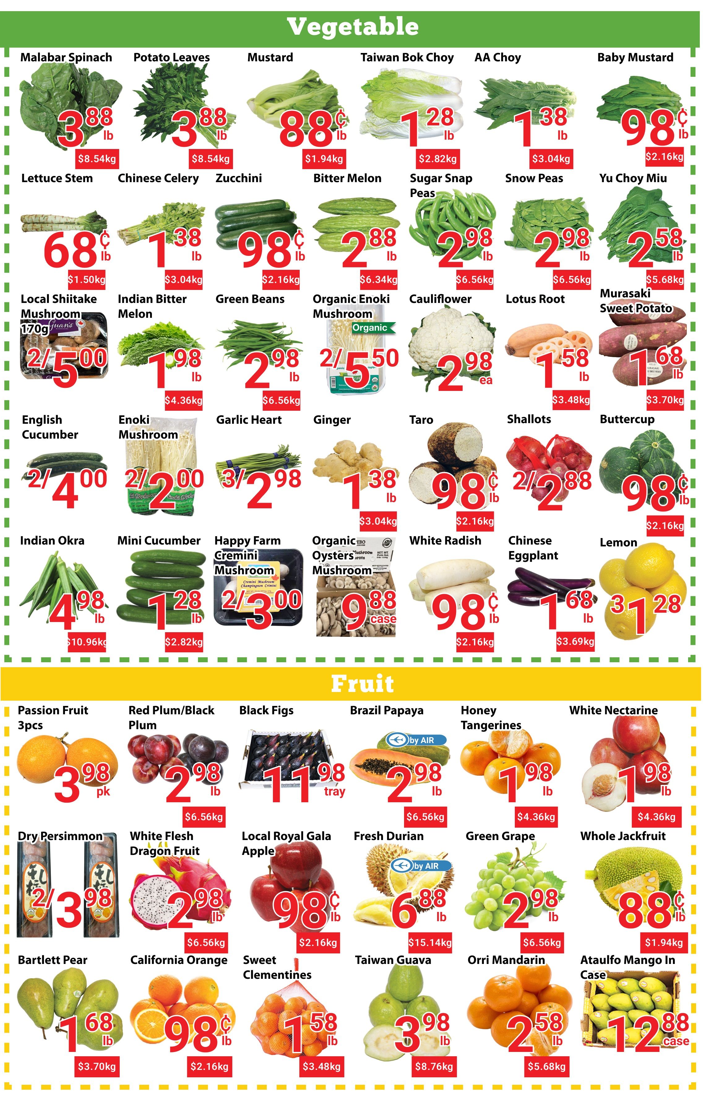 Nations Fresh Foods weekly flyer specials for page 4, featuring a wide selection of fresh vegetables and fruits. Vegetable highlights include Malabar Spinach at $3.88/lb, Potato Leaves at $3.88/lb, Mustard greens at $0.88/lb, Taiwan Bok Choy at $1.28/lb, AA Choy at $1.38/lb, and Baby Mustard at $0.98/lb. Also available are Lettuce Stem for $0.68/lb, Chinese Celery for $1.38/lb, Zucchini for $0.98/lb, Bitter Melon for $2.88/lb, Sugar Snap Peas for $2.98/lb, and Snow Peas for $2.98/lb. Yu Choy Miu is priced at $2.58/lb. Local Shiitake Mushroom 170g is 2 for $5.00, Indian Bitter Melon is $1.98/lb, Green Beans are $2.98/lb, and Organic Enoki Mushroom is $2.50/500g. Cauliflower is $2.98 each, Lotus Root is $1.58/lb, and Murasaki Sweet Potato is $1.68/lb. English Cucumber is 2 for $4.00, Enoki Mushroom is 2 for $2.00, Garlic Heart is $2.98/lb, Ginger is $1.38/lb, Taro is $0.98/lb, Shallots are 2 for $2.88/lb, and Buttercup squash is $0.98/lb. Indian Okra is $4.98/lb, Mini Cucumber is $1.28/lb, Happy Farm Cremini Mushroom is 2 for $3.00, and Organic Oysters Mushroom is $0.88/case. White Radish is $0.98/lb and Chinese Eggplant is $1.68/lb. Lemons are 3 for $1.28. Fruit selection includes Passion Fruit 3pcs for $3.98, Red Plum/Black Plum for $2.98/lb, Black Figs for $11.98/tray, and Brazil Papaya for $2.98/lb. Honey Tangerines are $1.98/lb, White Nectarine is $1.98/lb. Dry Persimmon is 2 for $3.98, White Flesh Dragon Fruit is $2.98/lb, Local Royal Gala Apple is $0.98/lb, and Fresh Durian is $6.88/lb. Green Grape is $2.98/lb and Whole Jackfruit is $0.88/lb. Bartlett Pear is $1.68/lb, California Orange is $0.98/lb, Sweet Clementines are $1.58/lb, Taiwan Guava is $3.98/lb, Orri Mandarin is $2.58/lb, and Ataulfo Mango in Case is $12.88/case.