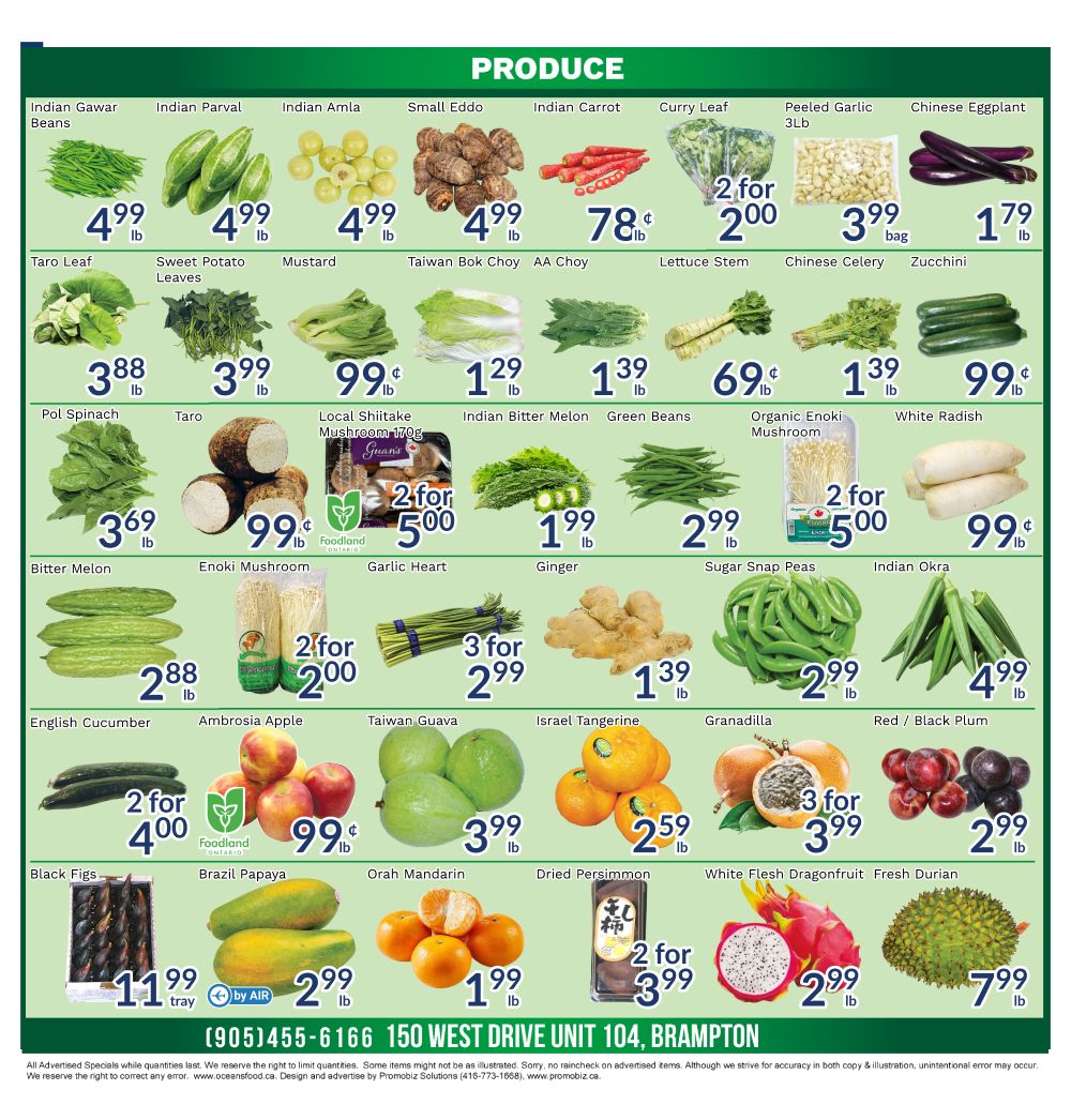 Oceans Fresh Food Market weekly flyer specials page 3 features a wide variety of fresh produce. Highlights include Indian Gawar Beans for $4.99 lb, Indian Parval for $4.99 lb, Indian Amla for $4.99 lb, Small Eddo for $4.99 lb, Indian Carrot for $0.78 lb, Curry Leaf for 2 for $2.00, Peeled Garlic 3lb bag for $3.99, and Chinese Eggplant for $1.79 lb. Also available are Taro Leaf for $4.99 lb, Sweet Potato Leaves for $3.99 lb, Mustard for $0.99 lb, Taiwan Bok Choy AA Choy for $1.29 lb, Lettuce Stem for $1.39 lb, Chinese Celery for $0.69 lb, Organic Enoki Mushroom for $1.39 lb, and White Radish for $0.99 lb. Additional produce includes Pol Spinach for $3.88 lb, Taro for $3.99 lb, Local Shiitake Mushroom 170g for 2 for $5.00, Indian Bitter Melon for $1.99 lb, Green Beans for $2.99 lb, and Sugar Snap Peas for $2.99 lb. Other items are Bitter Melon for $3.69 lb, Enoki Mushroom for $0.99 lb, Garlic Heart for $1.99 lb, Ginger for $1.39 lb, and Indian Okra for $4.99 lb. The flyer also showcases English Cucumber for $2.88 lb, Ambrosia Apple for 2 for $2.00, Taiwan Guava for $3.99 lb, Israel Tangerine for $2.59 lb, Granadilla for 3 for $3.99, and Red/Black Plum for $2.99 lb. Finally, Black Figs tray for $11.99, Brazil Papaya for $2.99 lb, Orah Mandarin for $1.99 lb, Dried Persimmon for 2 for $3.99, White Flesh Dragonfruit for $2.99 lb, and Fresh Durian for $7.99 lb.