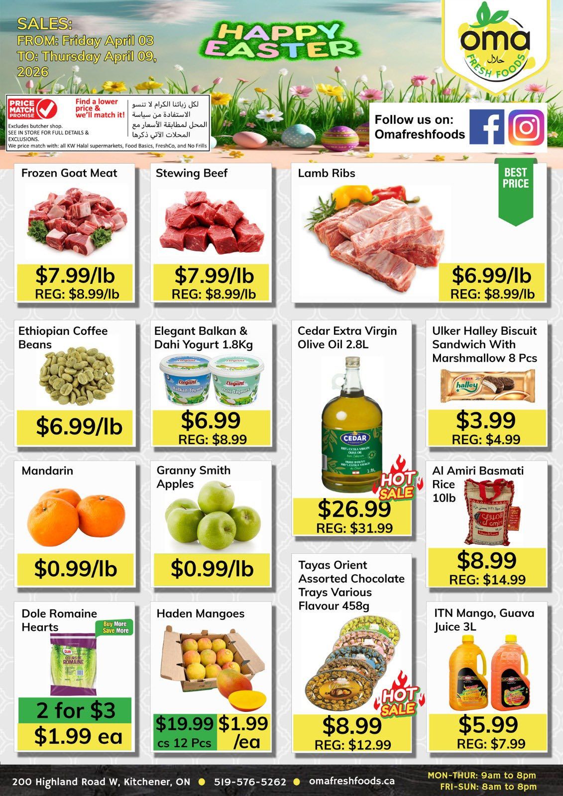 Oma Fresh Foods weekly flyer specials from Friday, April 3 to Thursday, April 9, 2026. Featured items include Frozen Goat Meat for $7.99/lb (regular $8.99/lb), Stewing Beef for $7.99/lb (regular $8.99/lb), and Lamb Ribs for $6.99/lb (regular $8.99/lb). Also available are Ethiopian Coffee Beans for $6.99/lb, Elegant Balkan & Dahi Yogurt 1.8kg for $6.99 (regular $8.99), Cedar Extra Virgin Olive Oil 2.8L for $26.99 (regular $31.99) on hot sale, and Ulker Halley Biscuit Sandwich with Marshmallow 8 Pcs for $3.99 (regular $4.99). Fresh produce includes Mandarins for $0.99/lb, Granny Smith Apples for $0.99/lb, Al Amiri Basmati Rice 10lb for $8.99 (regular $14.99), Dole Romaine Hearts 2 for $3 or $1.99 each, Haden Mangoes at $19.99 for a case of 12 pcs or $1.99/ea, Tayas Orient Assorted Chocolate Trays Various Flavour 458g for $8.99 (regular $12.99) on hot sale, and ITN Mango, Guava Juice 3L for $5.99 (regular $7.99). Oma Fresh Foods is located at 200 Highland Road W, Kitchener, ON, with phone number 519-576-5262 and website omafreshfoods.ca. Store hours are Monday-Thursday 9am to 8pm, and Friday-Sunday 8am to 8pm.