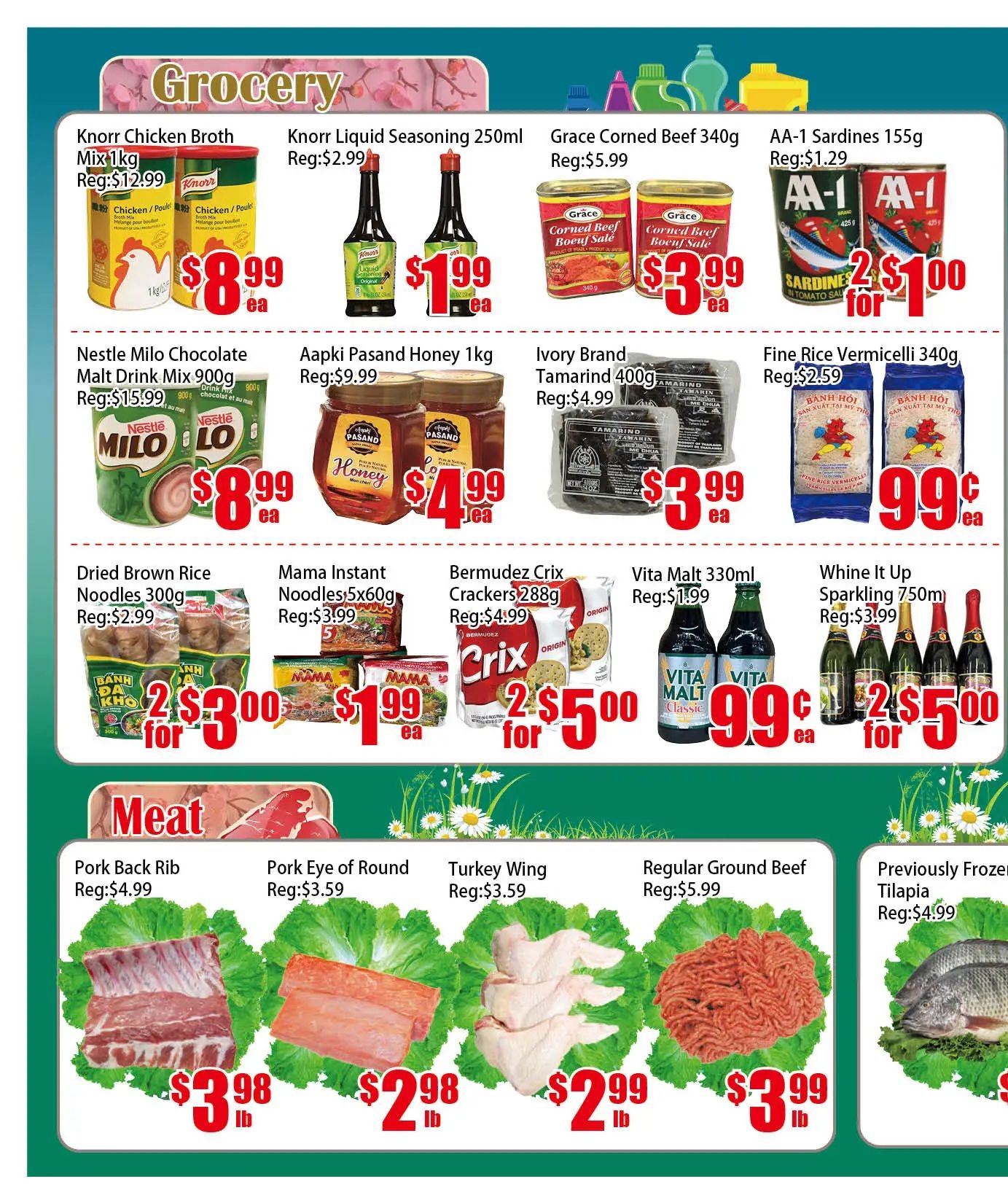 Pacific Fresh Food Market weekly flyer specials page 2. Grocery section features Knorr Chicken Broth Mix 1kg for $8.99, Knorr Liquid Seasoning 250ml for $1.99, Grace Corned Beef 340g for $3.99, and AA-1 Sardines 155g for 2 for $1.00. Also available are Nestle Milo Chocolate Malt Drink Mix 900g for $8.99, Aapki Pasand Honey 1kg for $4.99, Ivory Brand Tamarind 400g for $3.99, and Fine Rice Vermicelli 340g for $0.99. Additional grocery deals include Dried Brown Rice Noodles 300g for 2 for $3.00, Mama Instant Noodles 5x60g for $1.99, Bermudez Crix Crackers 288g for 2 for $5.00, Vita Malt 330ml for $0.99, and Whine It Up Sparkling 750ml for 2 for $5.00. The Meat section offers Pork Back Rib for $3.98/lb, Pork Eye of Round for $2.98/lb, Turkey Wing for $2.99/lb, Regular Ground Beef for $3.99/lb, and Previously Frozen Tilapia for $4.99/lb.