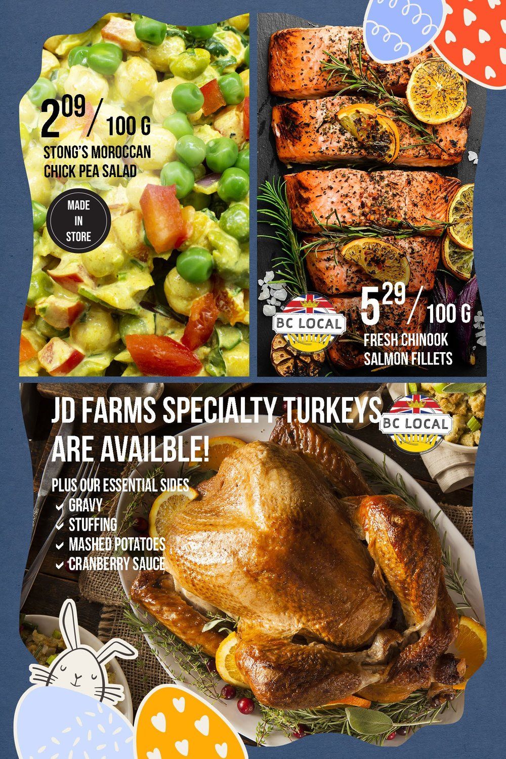 Stong's Market flyer page 2 features Stong's Moroccan Chick Pea Salad made in store for $2.09 per 100g. Also available are BC Local Fresh Chinook Salmon Fillets for $5.29 per 100g. The page highlights JD Farms Specialty Turkeys are available, along with essential sides like gravy, stuffing, mashed potatoes, and cranberry sauce.