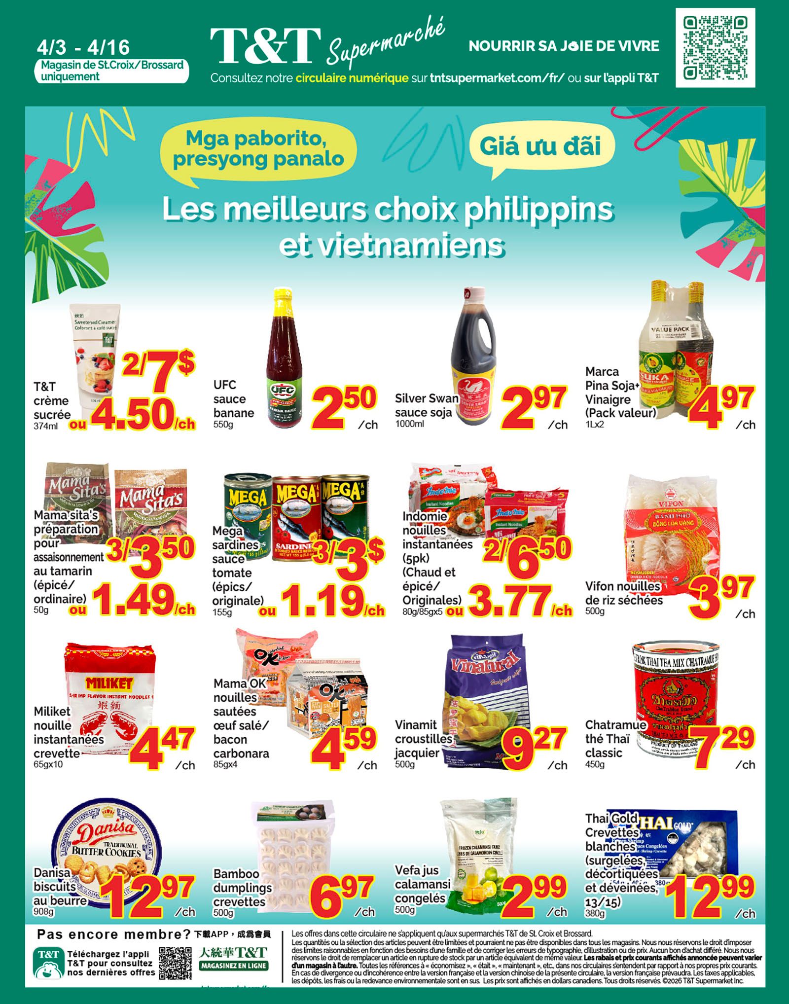 T&T Supermarket weekly flyer specials for Quebec, page 5. Featured items include T&T sweetened creamer for $4.50, UFC banana sauce for $2.50, and Silver Swan soy sauce for $2.97. Also on sale are Mama Sita's tamarind seasoning for $1.49, Mega sardines in tomato sauce for $1.19, and Indomie instant noodles (5pk) for $3.77. Other deals include Miliket shrimp flavour instant noodles for $4.47, Mama OK noodles with salted egg/bacon carbonara for $4.59, Vinamit jackfruit crisps for $9.27, and Vifon rice vermicelli for $3.97. Additionally, enjoy Danisa butter cookies for $2.97, bamboo shrimp dumplings for $6.97, Vefa frozen calamansi juice for $2.99, Chatramue Thai classic tea for $7.29, and Thai Gold peeled and deveined shrimp for $12.99.
