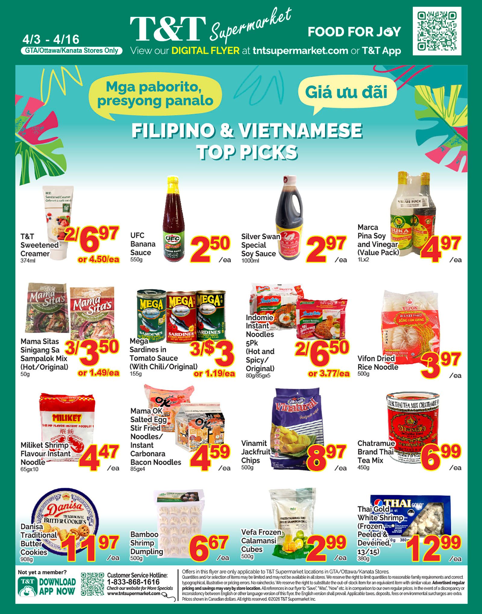 T&T Supermarket weekly flyer specials for GTA/Ottawa/Kanata stores, featuring Filipino & Vietnamese Top Picks. Deals include T&T Sweetened Creamer 374ml for $2.97, UFC Banana Sauce 550g for $2.50, Silver Swan Special Soy Sauce 1000ml for $2.97, and Marca Pina Soy and Vinegar (Value Pack) 1Lx2 for $4.97. Also featured are Mama Sitas Sinigang Sa Sampalok Mix (Hot/Original) 50g for 3/$3.50, Mega Sardines in Tomato Sauce (With Chili/Original) 155g for 3/$3, Indomie Instant Noodles 5Pk (Hot and Spicy/Original) 80g/85gx5 for 2/$6.50, and Vifon Dried Rice Noodle 500g for $3.97. Additional offers include Miliket Shrimp Flavour Instant Noodle 65gx10 for $4.47, Mama OK Salted Egg Stir Fried Noodles/Instant Carbonara Bacon Noodles 85gx4 for $4.59, Vinamit Jackfruit Chips 500g for $8.97, Chatramue Brand Thai Tea Mix 450g for $6.99, Danisa Traditional Butter Cookies 908g for $11.97, Bamboo Shrimp Dumpling 500g for $6.67, Vefa Frozen Calamansi Cubes 500g for $2.99, and Thai Gold White Shrimp (Frozen, Peeled & Deveined) 380g for $12.99 (13/15).