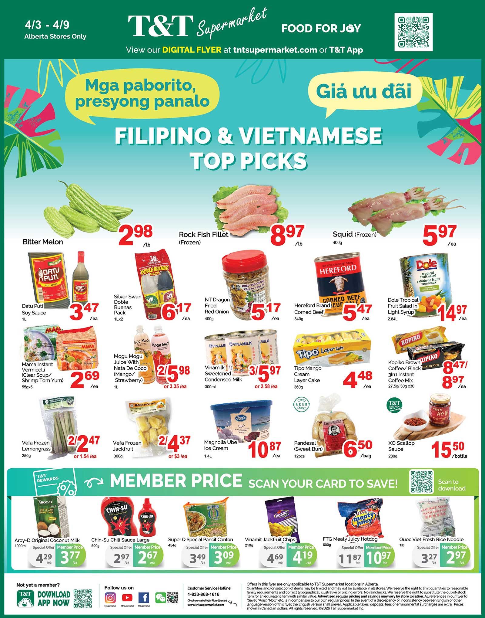 T&T Supermarket flyer page 5 features Filipino & Vietnamese Top Picks. Items on sale include Bitter Melon for $2.98/lb, Rock Fish Fillet (Frozen) for $8.97/lb, and Squid (Frozen) for $5.97/lb. Also available are Datu Puti Soy Sauce 1L for $3.47/ea, Silver Swan Doble Buenas Pack 1Lx2 for $6.17/ea, NT Dragon Fried Red Onion 400g for $5.17/ea, Hereford Brand Corned Beef 340g for $5.47/ea, and Dole Tropical Fruit Salad in Light Syrup 2.84L for $14.97/ea. Other deals include Mogu Mogu Juice With Nata De Coco (Mango/Strawberry) 1L for $2.58/ea or 2 for $5.98, Vinamilk Sweetened Condensed Milk 300ml for $3.57/ea or 2 for $5.97, and Tipo Mango Cream Layer Cake 360g for $4.48/ea. Kopiko Brown Coffee/Black 3in1 Instant Coffee Mix 27.5g/30g x30 is on special for $8.47/ea or $8.97/ea. Vefa Frozen Lemongrass 250g is $2.47/ea or $1.54/ea, and Vefa Frozen Jackfruit 300g is $2.37/ea or $3/ea. Magnolia Ube Ice Cream 1.4L is $10.87/ea, Pandesal (Sweet Bun) 12pcs is $6.50/bag, and XO Scallop Sauce 280g is $15.50/bottle. Member prices include Aroy-D Original Coconut Milk 1000ml for $3.77/ea, Chin-Su Chili Sauce Large 500g for $2.67/ea, Super Q Special Pતncit Canton 454g for $3.09/ea, Vinamit Jackfruit Chips 210g for $4.19/ea, FTG Meaty Juicy Hotdog 600g for $10.97/ea, and Quoc Viet Fresh Rice Noodle 1lb for $2.97/ea.
