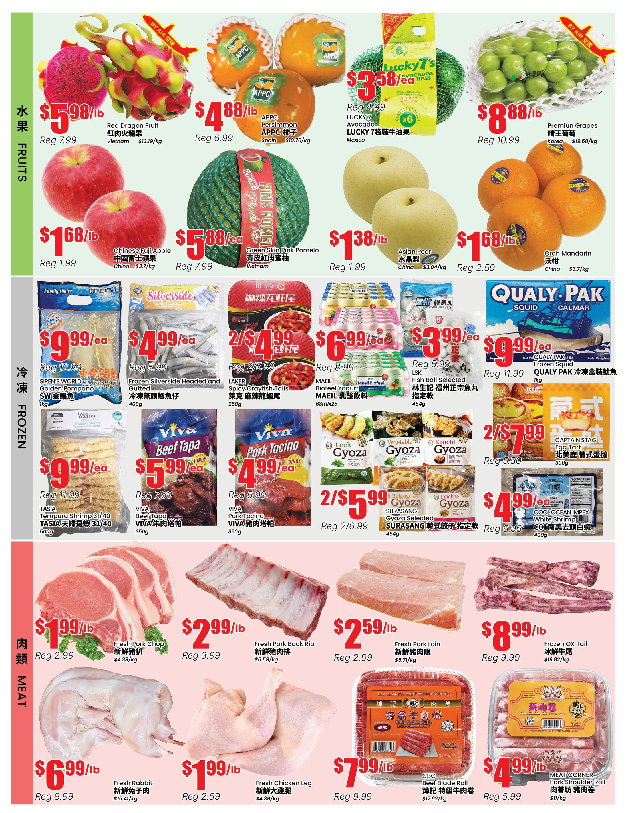 Terra Foodmart weekly flyer specials page 2 features a variety of fresh produce, frozen foods, and meats. Fruits include Red Dragon Fruit for $5.98/lb, APPC Persimmons for $4.88/lb, Lucky 7 Avocado for $3.58/ea, Premium Grapes for $8.88/lb, Chinese Fuji Apples for $1.68/lb, Green Skin Pink Pomelo for $5.88/ea, Asian Pear for $1.38/lb, and Orah Mandarin for $1.68/lb. Frozen section offers Siren's World Golden Pompano for $9.99/ea, Frozen Silverside Headed and Gutted for $4.99/ea, LAKER Spicy Crayfish Tails for 2 for $4.99, TASIA Tempura Shrimp 31/40 for $9.99/ea, VIVA Beef Tapa for $5.99/ea, VIVA Pork Tocino for $4.99/ea, Leek Gyoza, Vegetable Gyoza, Kimchi Gyoza, and Bulgolgi Gyoza for 2 for $5.99, MAEIL Biofeel Yogurt for $6.99/ea, LSK Fish Ball Selected for $3.99/ea, and QUALY.PAK Frozen Squid for $9.99/ea. Also available are CAPTAIN STAG Egg Tart for 2 for $7.99 and COOL'OCEAN IMPEX White Shrimp for $4.99/ea. The meat section includes Fresh Pork Chop for $1.99/lb, Fresh Pork Back Rib for $2.99/lb, Fresh Pork Loin for $2.59/lb, Fresh Rabbit for $6.99/lb, Fresh Chicken Leg for $1.99/lb, CBC Beef Blade Roll for $7.99/lb, and MEAT CORNER Pork Shoulder Roll for $4.99/lb.