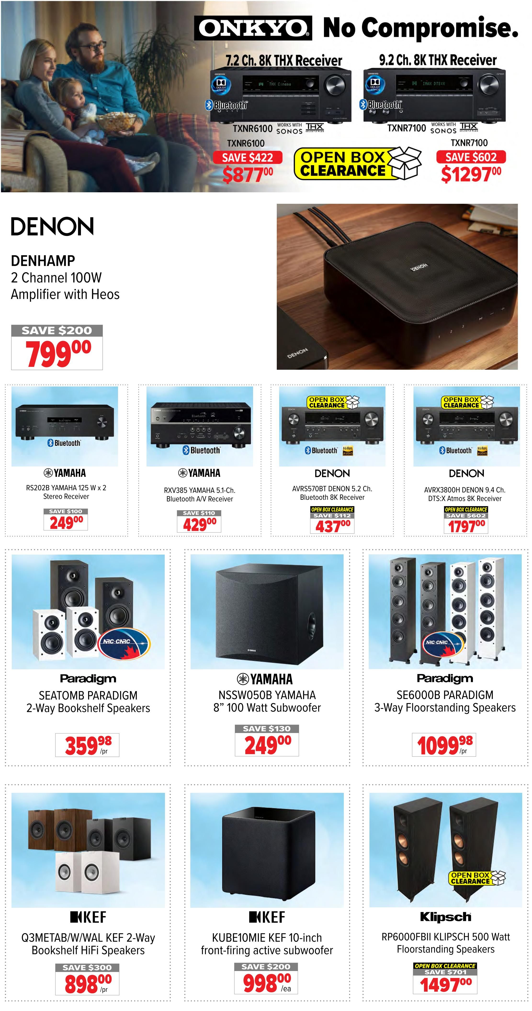 2001 Audio Video weekly flyer specials page 4 features Onkyo 7.2 Ch. 8K THX Receiver TXNR6100 for $877.00 (save $422) and 9.2 Ch. 8K THX Receiver TXNR7100 for $1297.00 (save $602), both with open box clearance. Denon DHAMP 2 Channel 100W Amplifier with Heos is on sale for $799.00 (save $200). Yamaha RS202B stereo receiver is $249.00 (save $100). Yamaha AV RXV385 5.1-Ch. Bluetooth A/V receiver is $429.00 (save $110). Denon AVR S570BT 5.2 Ch. Bluetooth 8K receiver is $437.00 (open box clearance, save $112). Denon AVRX3800H 9.4 Ch. DTS:X Atmos 8K receiver is $1797.00 (open box clearance, save $602). Paradigm SEATOMB 2-Way Bookshelf Speakers are $359.98 per pair. Yamaha NSSW050B 8' 100 Watt Subwoofer is $249.00 (save $130). Paradigm SE6000B 3-Way Floorstanding Speakers are $1099.98 per pair. KEF Q3METAB/W/WAL Hifi Speakers are $898.00 per pair (save $300). KEF KUBE10MIE 10-inch front-firing active subwoofer is $998.00 each (save $200). Klipsch RP6000FBII 500 Watt Floorstanding Speakers are $1497.00 (open box clearance, save $701).