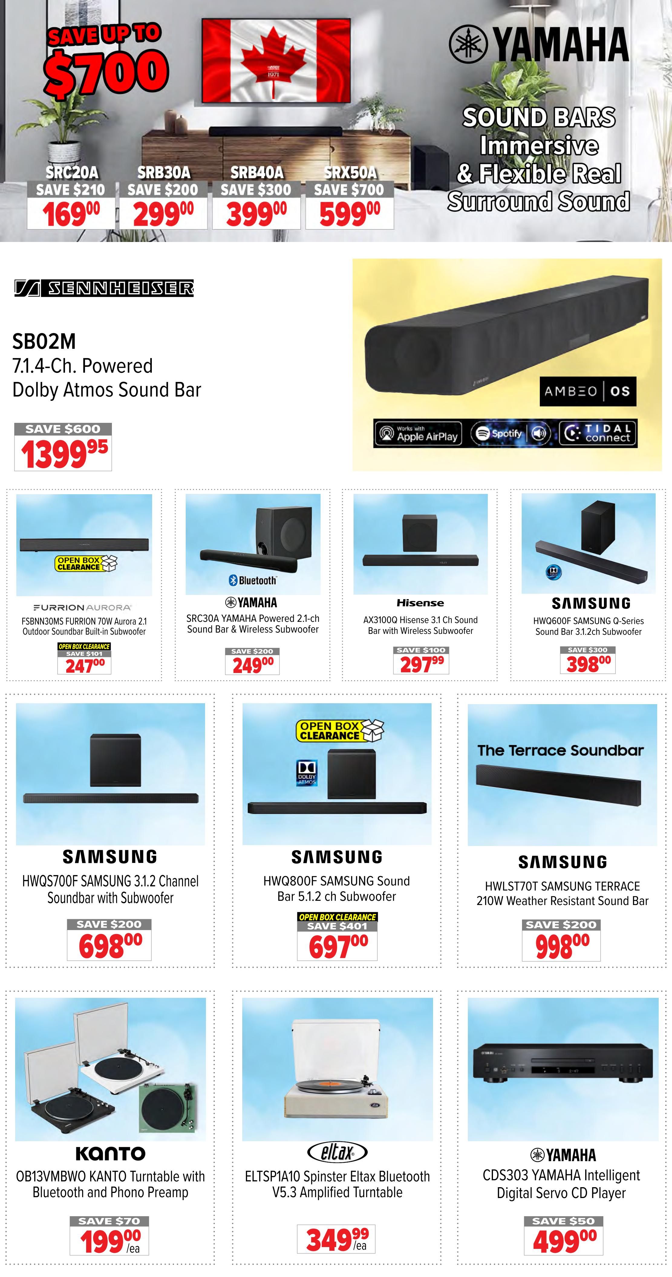 2001 Audio Video weekly flyer specials page 5 features Yamaha sound bars with savings up to $700. Models include SRC20A for $169.00 (save $210), SRB30A for $299.00 (save $200), SRB40A for $399.00 (save $300), and SRX50A for $599.00 (save $700). Also featured is the Sennheiser SB02M 71.4-Ch. Powered Dolby Atmos Sound Bar for $1399.95 (save $600). Open Box Clearance items include the Furrion Aurora FSBNN30MS Furrion 70W Aurora 2.1 Outdoor Soundbar Built-in Subwoofer for $247.00 (save $101), Yamaha SRC30A Powered 2.1-ch Sound Bar & Wireless Subwoofer for $249.00 (save $200), Hisense AX3100Q Hisense 3.1 Ch Sound Bar with Wireless Subwoofer for $297.99 (save $100), and Samsung HWQ600F Samsung Q-Series Sound Bar 3.1.2ch Subwoofer for $398.00 (save $300). More Samsung sound bars are available: HWQS700F 3.1.2 Channel Soundbar with Subwoofer for $698.00 (save $200), HWQ800F Sound Bar 5.1.2 ch Subwoofer for $697.00 (save $401), and HWLST70T Samsung Terrace 210W Weather Resistant Sound Bar for $998.00 (save $200). Turntables include the Kanto OB13VMBWO Kanto Turntable with Bluetooth and Phono Preamp for $199.00 (save $70), and the Eltax ELTSP1A10 Spinster Eltax Bluetooth V5.3 Amplified Turntable for $349.99. Finally, the Yamaha CDS303 Intelligent Digital Servo CD Player is available for $499.00 (save $50).