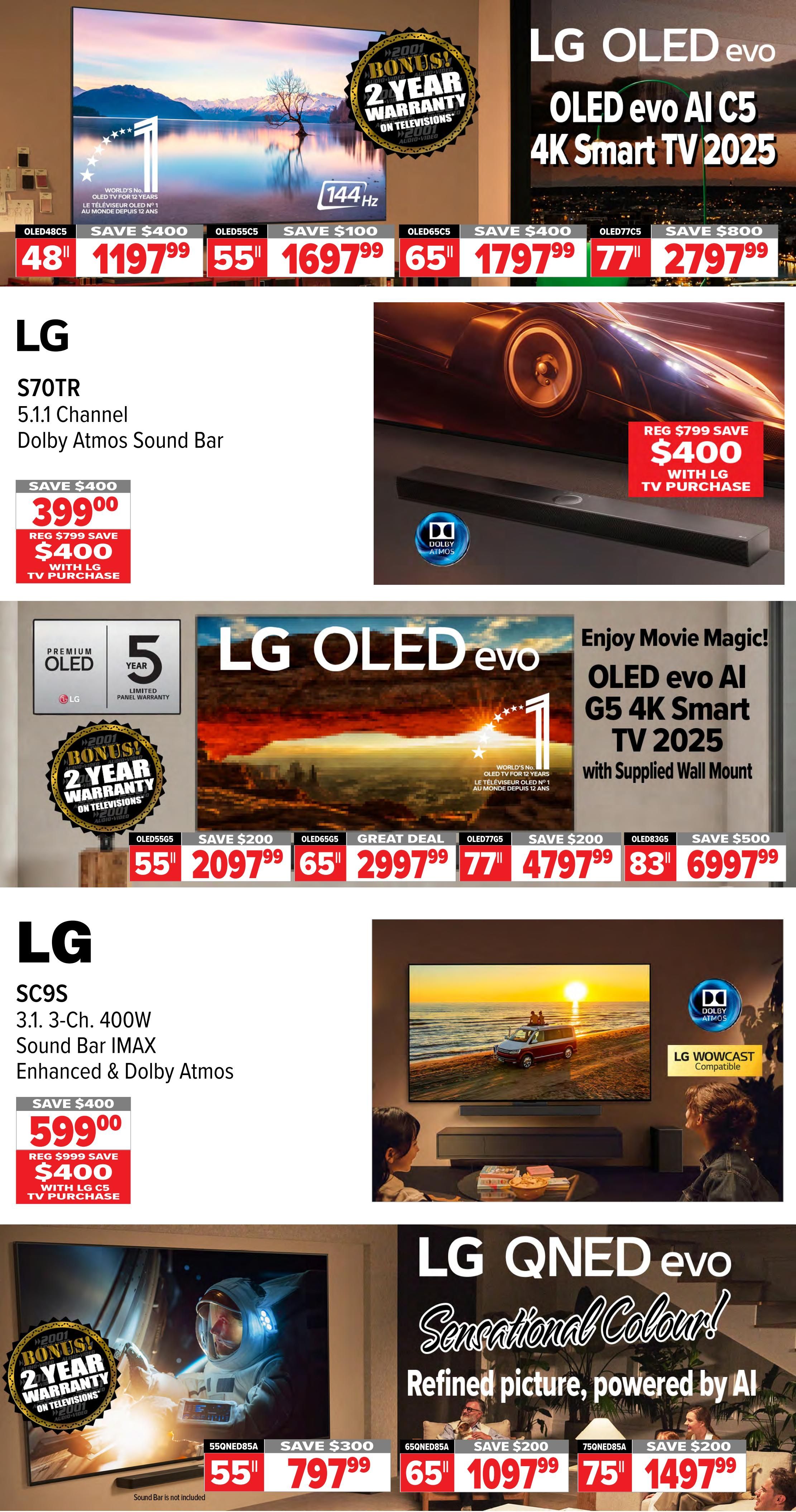 2001 Audio Video weekly flyer specials page 8 features LG OLED evo AI C5 4K Smart TVs in various sizes with a bonus 2-year warranty. The 48-inch model is $1197.99 (save $400), the 55-inch is $1697.99 (save $100), the 65-inch is $1797.99 (save $400), the 77-inch is $2797.99 (save $800). Also featured is the LG S70TR 5.1.1 Channel Dolby Atmos Sound Bar for $399.00 (regular $799, save $400 with LG TV purchase). The LG OLED evo G5 4K Smart TV 2025 with supplied wall mount is available in 55-inch for $2097.99 (save $200), 65-inch for $2997.99 (great deal), 77-inch for $4797.99 (save $200), and 83-inch for $6997.99 (save $500). Additionally, LG QNED evo TVs are on sale: the 55-inch is $797.99 (save $300), the 65-inch is $1097.99 (save $200), and the 75-inch is $1497.99 (save $200). All televisions include a bonus 2-year warranty on televisions.