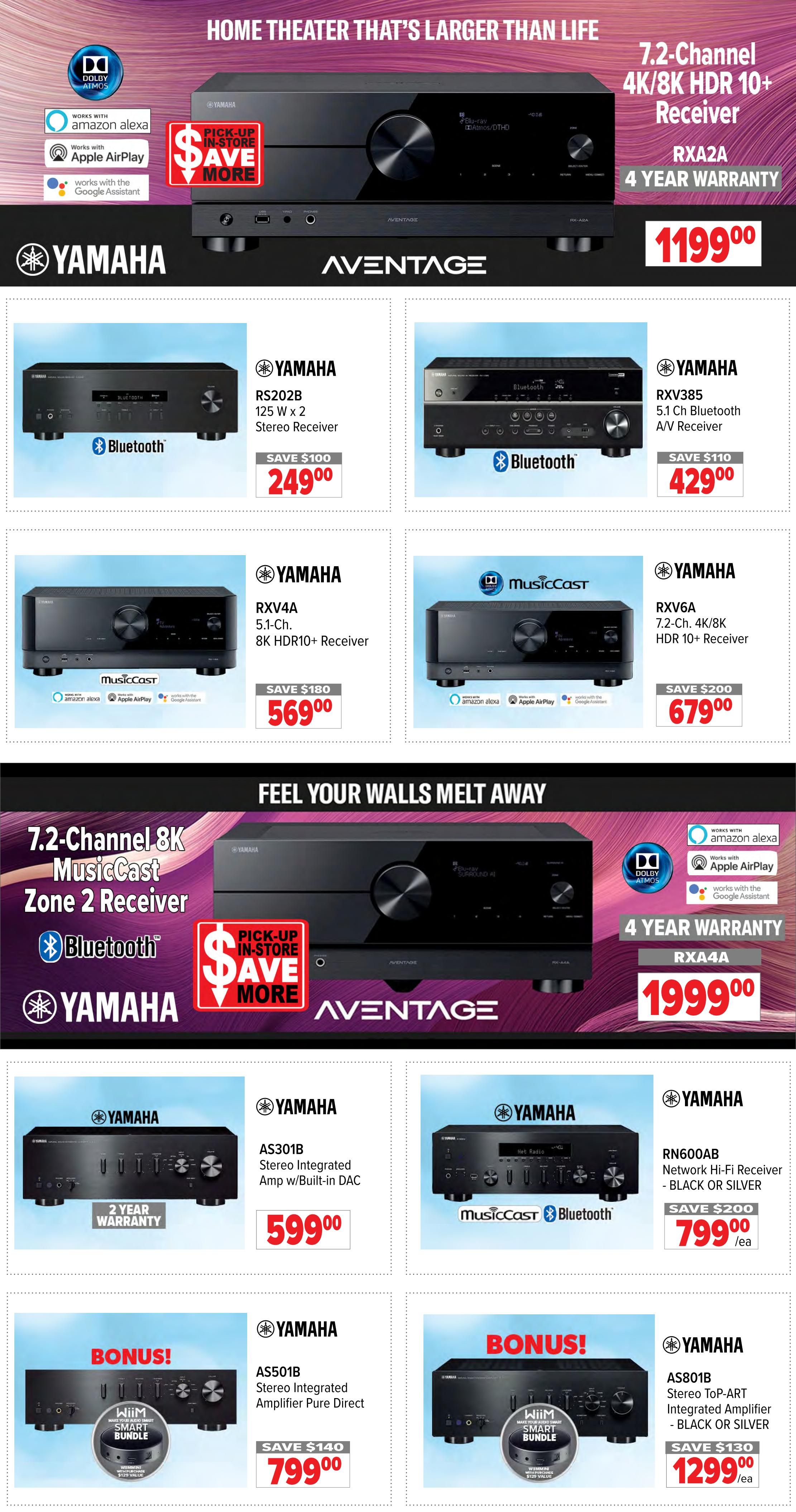 2001 Audio Video weekly flyer specials page 10 features home theater equipment. Top banner showcases the Yamaha RXA2A 7.2-Channel 4K/8K HDR 10+ Receiver with 4-year warranty for $1199.00. Below, find the Yamaha RS202B 125 W x 2 Stereo Receiver with Bluetooth on sale for $249.00 (save $100), and the Yamaha RXV385 5.1 Ch Bluetooth A/V Receiver for $429.00 (save $110). Further down, the Yamaha RXV4A 5.1-Ch. 8K HDR10+ Receiver is available for $569.00 (save $180), and the Yamaha RXV6A 7.2-Ch. 4K/8K HDR 10+ Receiver for $679.00 (save $200). The middle section highlights the Yamaha RXA4A 7.2-Channel 8K MusicCast Zone 2 Receiver with Bluetooth, pick-up in-store savings, and a 4-year warranty for $1999.00. The bottom row displays the Yamaha AS301B Stereo Integrated Amp w/Built-in DAC for $599.00 with a 2-year warranty, and the Yamaha RN600AB Network Hi-Fi Receiver in black or silver for $799.00 each (save $200). Finally, the Yamaha AS501B Stereo Integrated Amplifier Pure Direct is on bonus offer for $799.00 (save $140), and the Yamaha AS801B Stereo Top-ART Integrated Amplifier in black or silver is $1299.00 each (save $130).