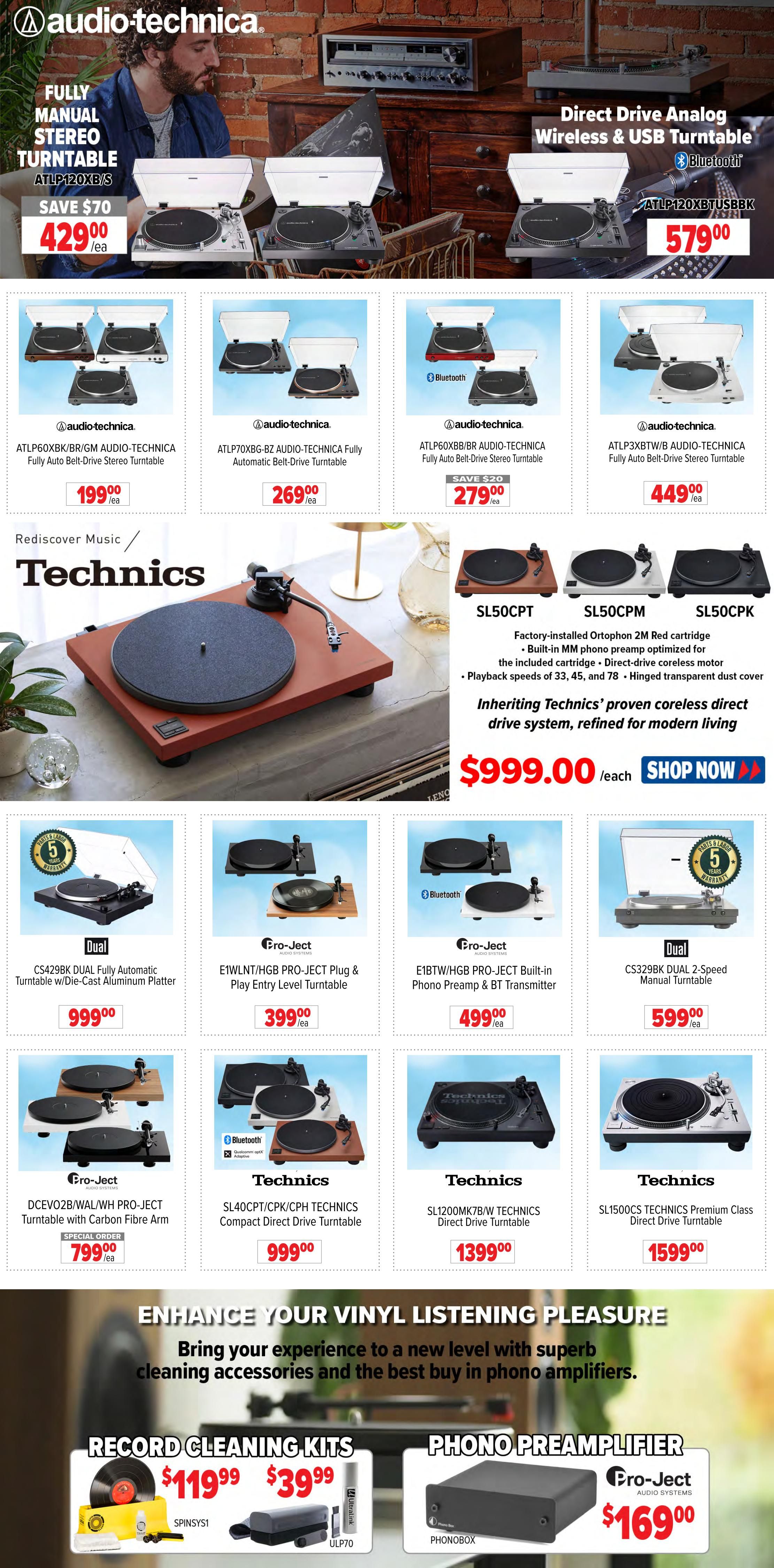2001 Audio Video weekly flyer specials page 11 features a wide selection of turntables and audio accessories. Featured products include the Audio-Technica ATLP120XEB/S Fully Manual Stereo Turntable for $429.00 (save $70), and the Audio-Technica ATLP120XBTUSB/BK Direct Drive Analog Wireless & USB Turntable for $579.00. Other Audio-Technica turntables on sale are the ATLP60XBK/BR/GM for $199.00, ATLP70XBG-BZ for $269.00, ATLP60XBB/BR for $279.00 (save $20), and ATLP3XBTW/B for $449.00. The page also highlights Technics turntables, including the SL50CPT, SL50CPM, and SL50CPK models with an Ortofon 2M Red cartridge and built-in phono preamp, priced at $999.00 each. Pro-Ject turntables are also available: CS429BK DUAL Fully Automatic Turntable for $999.00, E1WLNT/HGB PRO-JECT Plug & Play Entry Level Turntable for $399.00, and E1BTW/HGB PRO-JECT Built-in Phono Preamp & BT Transmitter for $499.00. The Dual CS329BK DUAL 2-Speed Manual Turntable is $599.00. Additional Technics turntables include the DCEVO2B/WAL/WH PRO-JECT Turntable with Carbon Fibre Arm for $799.00, SL40CPT/CPK/CPH TECHNICS Compact Direct Drive Turntable for $999.00, SL1200MK7B/W TECHNICS Direct Drive Turntable for $1399.00, and SL1500CS TECHNICS Premium Class Direct Drive Turntable for $1599.00. Accessories include Record Cleaning Kits starting at $119.99 and $39.99, and a Pro-Ject Phono Preamplifier for $169.00.