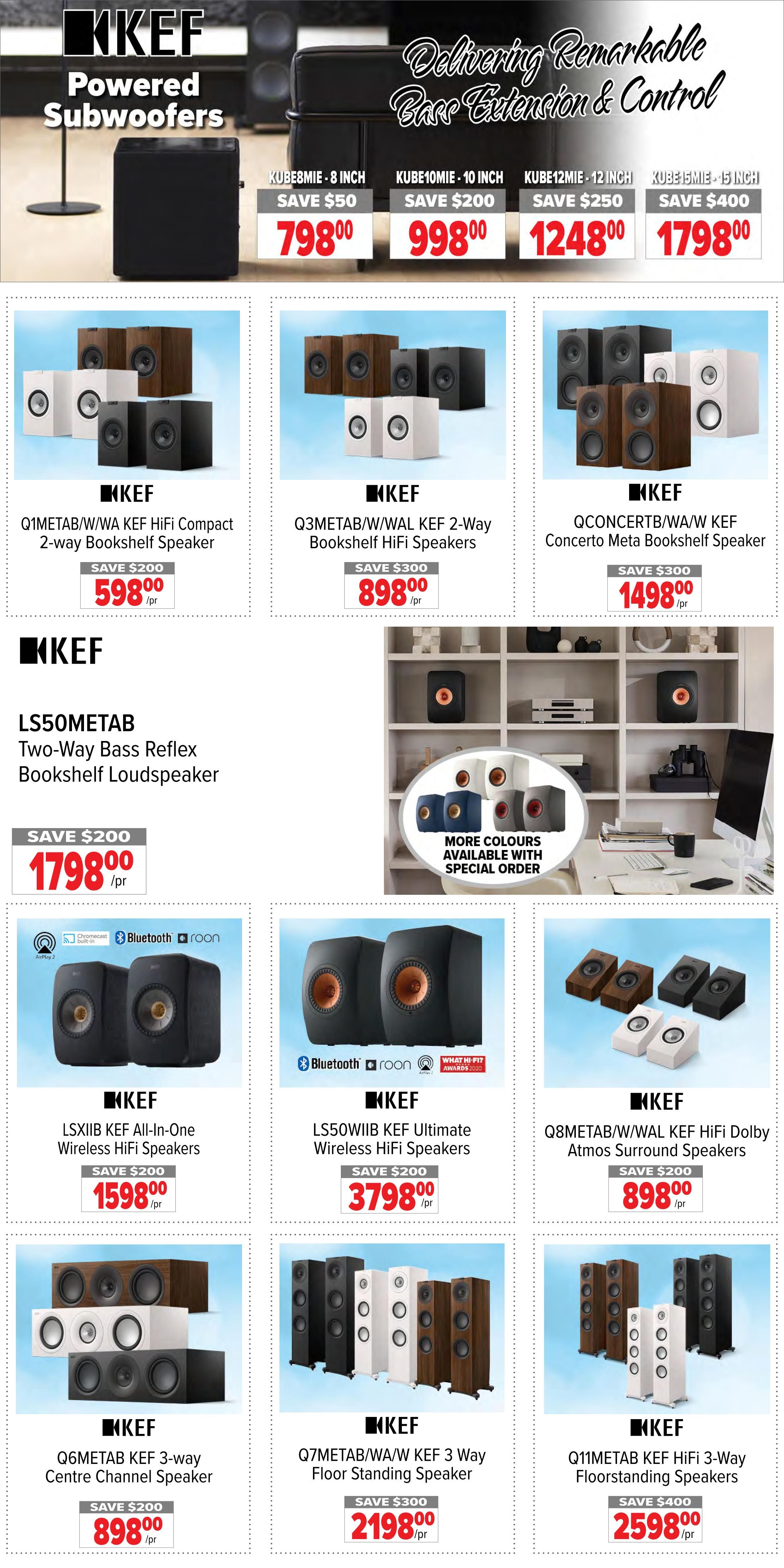 2001 Audio Video flyer page 12 featuring KEF Powered Subwoofers and speakers. Top section showcases KEF Kube subwoofers in 8-inch for $798.00 (save $50), 10-inch for $998.00 (save $200), 12-inch for $1248.00 (save $250), and 15-inch for $1798.00 (save $400). Below, find KEF Q1METAB/W/WA KEF HiFi Compact 2-way Bookshelf Speakers for $598.00 (save $200), Q3METAB/W/WAL KEF 2-Way Bookshelf HiFi Speakers for $898.00 (save $300), and QCONCERTB/WA/W KEF Concerto Meta Bookshelf Speaker for $1498.00 (save $300). Also featured is the LS50METAB Two-Way Bass Reflex Bookshelf Loudspeaker for $1798.00 (save $200), with more colours available by special order. Further down, see the LSXIIB KEF All-In-One Wireless HiFi Speakers for $1598.00 (save $200), LS50WIIB KEF Ultimate Wireless HiFi Speakers for $3798.00 (save $200), and Q8METAB/W/WAL KEF HiFi Dolby Atmos Surround Speakers for $898.00 (save $200). The bottom row includes the Q6METAB KEF 3-way Centre Channel Speaker for $898.00 (save $200), Q7METAB/WA/W KEF 3 Way Floor Standing Speaker for $2198.00 (save $300), and Q11METAB KEF HiFi 3-Way Floorstanding Speakers for $2598.00 (save $400).