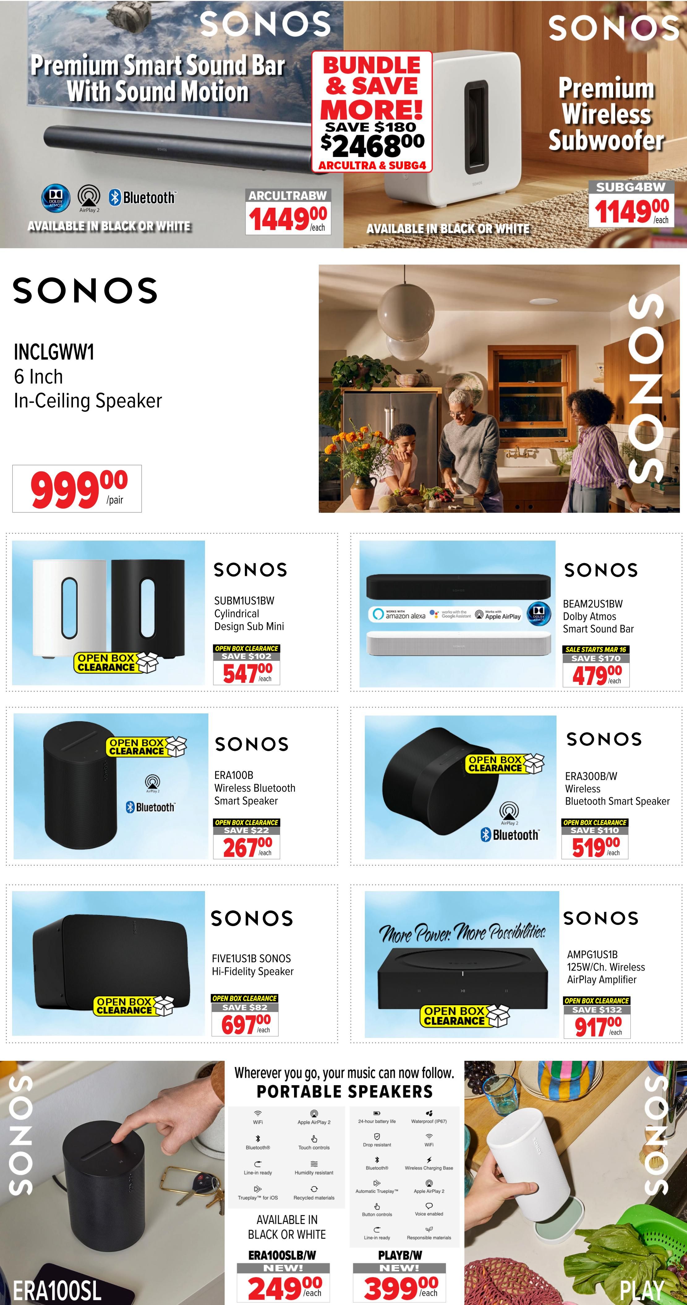 2001 Audio Video weekly flyer specials page 13 features a variety of Sonos audio equipment. Top of the page showcases a Sonos Premium Smart Sound Bar with Sound Motion for $1449.00 each, and a bundle including the Arc Ultra Sound Bar and Sub Gen 3 Wireless Subwoofer for $2468.00, saving $180. A Sonos Premium Wireless Subwoofer is also available for $1149.00 each. Below, the Sonos INCLGWW1 6 Inch In-Ceiling Speaker is priced at $999.00 per pair. Several open box clearance items are featured: a Sonos SUBM1US1BW Cylindrical Design Sub Mini for $547.00 each (save $102), a Sonos ERA100B Wireless Bluetooth Smart Speaker for $267.00 each (save $22), a Sonos FIVE1US1B SONOS Hi-Fidelity Speaker for $697.00 each (save $82), a Sonos ERA300B/W Wireless Bluetooth Smart Speaker for $519.00 each (save $110), and a Sonos AMPG1US1B 125W/Ch. Wireless AirPlay Amplifier for $917.00 each (save $132). The page also highlights portable speakers, including the Sonos ERA100SL/W NEW! for $249.00 each and the Sonos PLAYB/W NEW! for $399.00 each. Features for portable speakers include WiFi, Bluetooth, Apple AirPlay 2, 24-hour battery life, waterproof (IP67) rating, and more.
