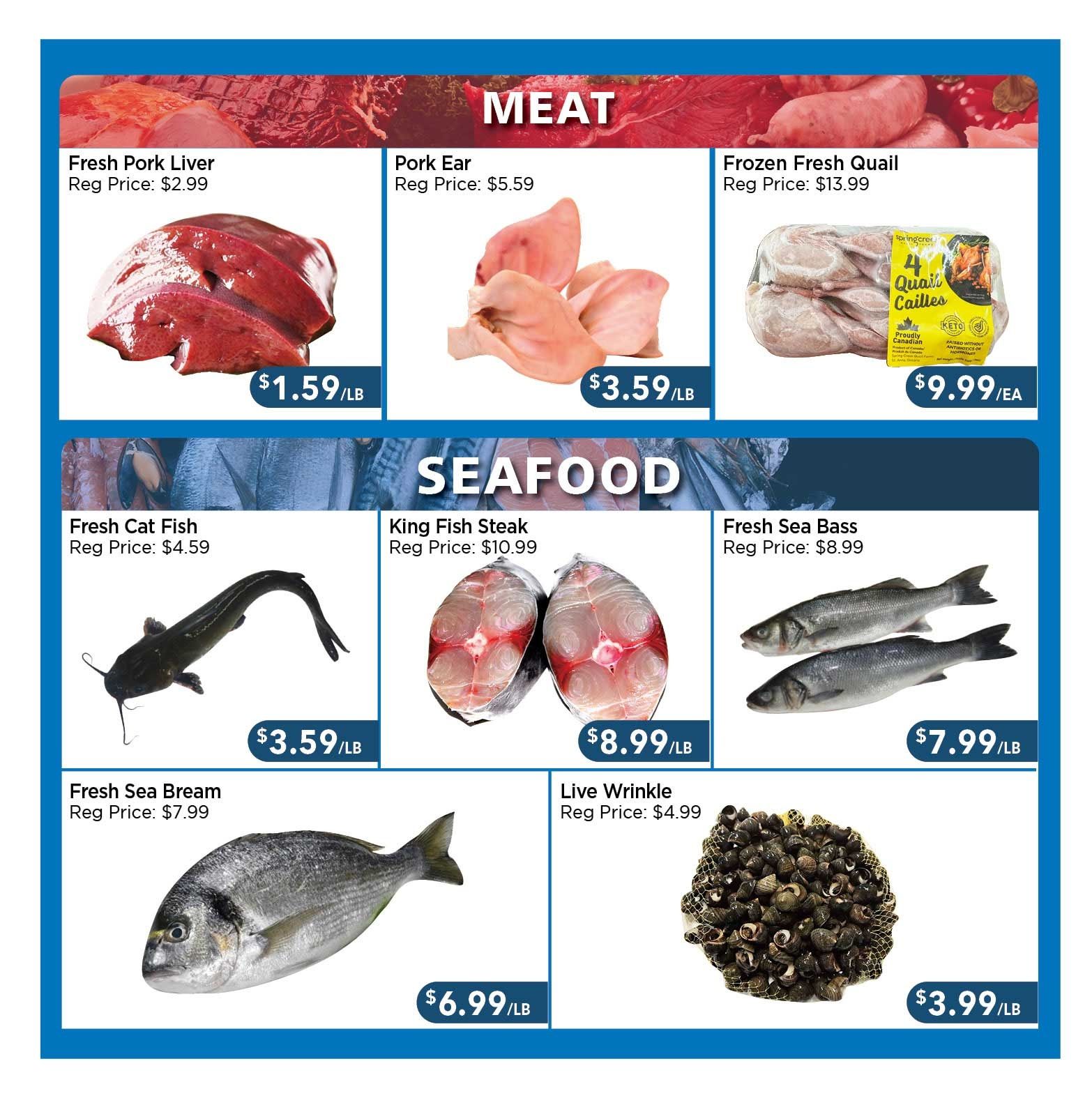 Blue Sky Supermarket weekly flyer specials, page 4. Featured meat products include Fresh Pork Liver at $1.59/LB (regular price $2.99), Pork Ear at $3.59/LB (regular price $5.59), and Frozen Fresh Quail at $9.99/EA (regular price $13.99). Seafood specials include Fresh Cat Fish at $3.59/LB (regular price $4.59), King Fish Steak at $8.99/LB (regular price $10.99), Fresh Sea Bass at $7.99/LB (regular price $8.99), Fresh Sea Bream at $6.99/LB (regular price $7.99), and Live Wrinkle at $3.99/LB (regular price $4.99).