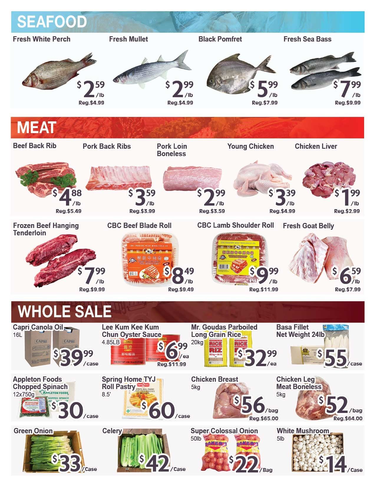 Blue Sky Supermarket weekly flyer specials page 2 features seafood, meat, and wholesale items. Seafood includes Fresh White Perch for $2.59/lb (regular $4.99/lb), Fresh Mullet for $2.99/lb (regular $4.99/lb), Black Pomfret for $5.99/lb (regular $7.99/lb), and Fresh Sea Bass for $7.99/lb (regular $9.99/lb). Meat selections include Beef Back Rib for $4.88/lb (regular $5.49/lb), Pork Back Ribs for $3.59/lb (regular $3.99/lb), Pork Loin Boneless for $2.99/lb (regular $3.59/lb), Young Chicken for $3.39/lb (regular $4.99/lb), and Chicken Liver for $1.99/lb (regular $2.99/lb). Also featured are Frozen Beef Hanging Tenderloin for $7.99/lb (regular $9.99/lb), CBC Beef Blade Roll for $8.49/lb (regular $9.49/lb), CBC Lamb Shoulder Roll for $9.99/lb (regular $11.99/lb), and Fresh Goat Belly for $6.59/lb (regular $7.99/lb). Wholesale items include Capri Canola Oil 16L for $39.99/case, Lee Kum Kee Chun Oyster Sauce 4.85LB for $6.99/ea (regular $11.99/ea), Mr. Goudas Parboiled Long Grain Rice 20kg for $32.99/ea, and Basa Fillet Net Weight 24lb for $55/case. Additional wholesale deals are Appleton Foods Chopped Spinach 12x750g for $30/case, Spring Home TYJ Roll Pastry 8.5' for $60/case, Chicken Breast 5kg for $56/bag (regular $65.00/bag), and Chicken Leg Meat Boneless 5kg for $52/bag (regular $64.00/bag). Fresh produce includes Green Onion for $33/case, Celery for $42/case, Super Colossal Onion 50lb for $22/bag, and White Mushroom 5lb for $14/case.