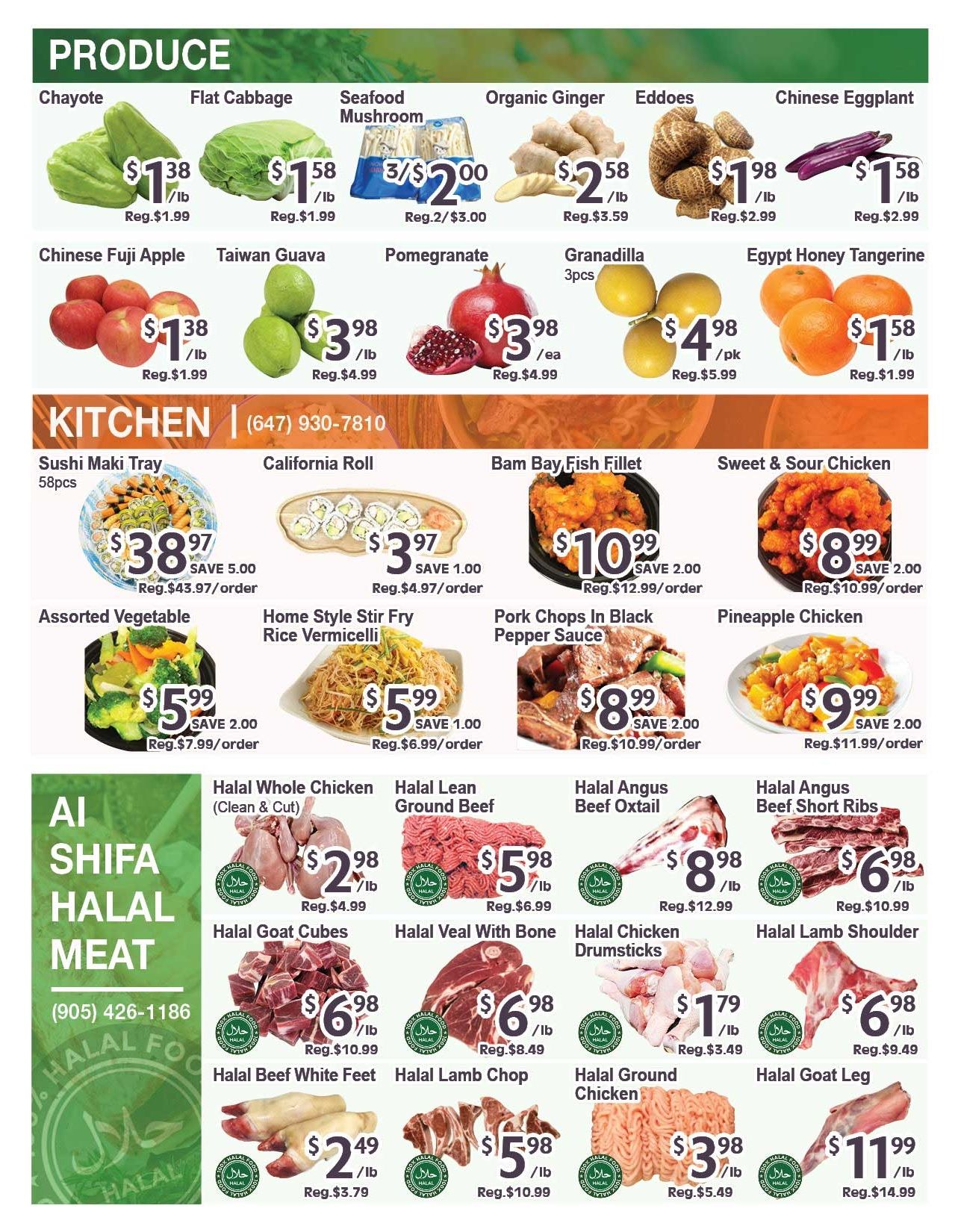 Blue Sky Supermarket weekly flyer specials page 3 features a variety of produce and kitchen items. Produce includes Chayote for $1.38/lb, Flat Cabbage for $1.58/lb, Seafood Mushrooms 3 for $2.00, Organic Ginger for $2.58/lb, Eddoes for $1.98/lb, and Chinese Eggplant for $1.58/lb. Also available are Chinese Fuji Apples for $1.38/lb, Taiwan Guava for $3.98/lb, Pomegranate for $3.98 each, Granadilla 3pcs for $4.98/pk, and Egypt Honey Tangerine for $1.58/lb. Kitchen items include Sushi Maki Tray (58pcs) for $38.97, California Roll for $3.97, Bam Bay Fish Fillet for $10.99, and Sweet & Sour Chicken for $8.99. Other kitchen deals are Assorted Vegetable for $5.99, Home Style Stir Fry Rice Vermicelli for $5.99, Pork Chops in Black Pepper Sauce for $8.99, and Pineapple Chicken for $9.99. The flyer also highlights AI Shifa Halal Meat with phone number (905) 426-1186. Halal meat options include Whole Chicken (Clean & Cut) for $2.98/lb, Lean Ground Beef for $5.98/lb, Goat Cubes for $6.98/lb, Veal With Bone for $6.98/lb, Angus Beef Oxtail for $8.98/lb, Angus Beef Short Ribs for $6.98/lb, Beef White Feet for $2.49/lb, Lamb Chop for $5.98/lb, Chicken Drumsticks for $1.79/lb, Lamb Shoulder for $6.98/lb, Ground Chicken for $3.98/lb, and Goat Leg for $11.99/lb.