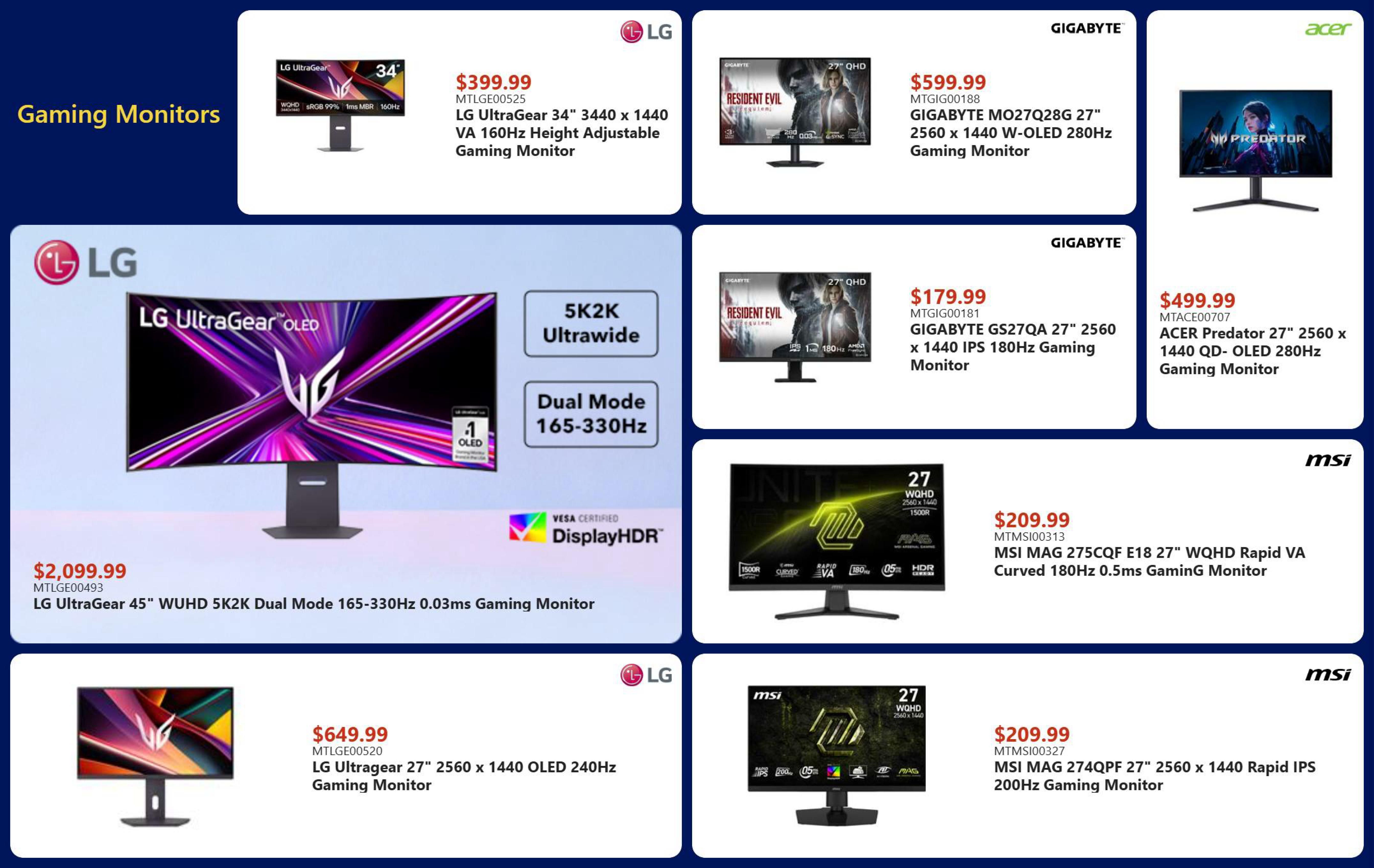 Canada Computers Weekly Flyer Specials page 3 features a selection of gaming monitors. Top row includes LG UltraGear 34' 3440 x 1440 VA 160Hz Height Adjustable Gaming Monitor for $399.99, GIGABYTE MO27Q28G 27' 2560 x 1440 W-OLED 280Hz Gaming Monitor for $599.99, and ACER Predator 27' 2560 x 1440 QD-OLED 280Hz Gaming Monitor for $499.99. Middle section highlights the LG UltraGear 45' WUHD 5K2K Dual Mode 165-330Hz 0.03ms Gaming Monitor for $2,099.99. Also featured are GIGABYTE GS27QA 27' 2560 x 1440 IPS 180Hz Gaming Monitor for $179.99. Bottom section shows LG UltraGear 27' 2560 x 1440 OLED 240Hz Gaming Monitor for $649.99, and two MSI MAG series monitors: MSI MAG 275CQF E18 27' WQHD Rapid VA Curved 180Hz 0.5ms Gaming Monitor for $209.99, and MSI MAG 274QPF 27' 2560 x 1440 Rapid IPS 200Hz Gaming Monitor for $209.99.