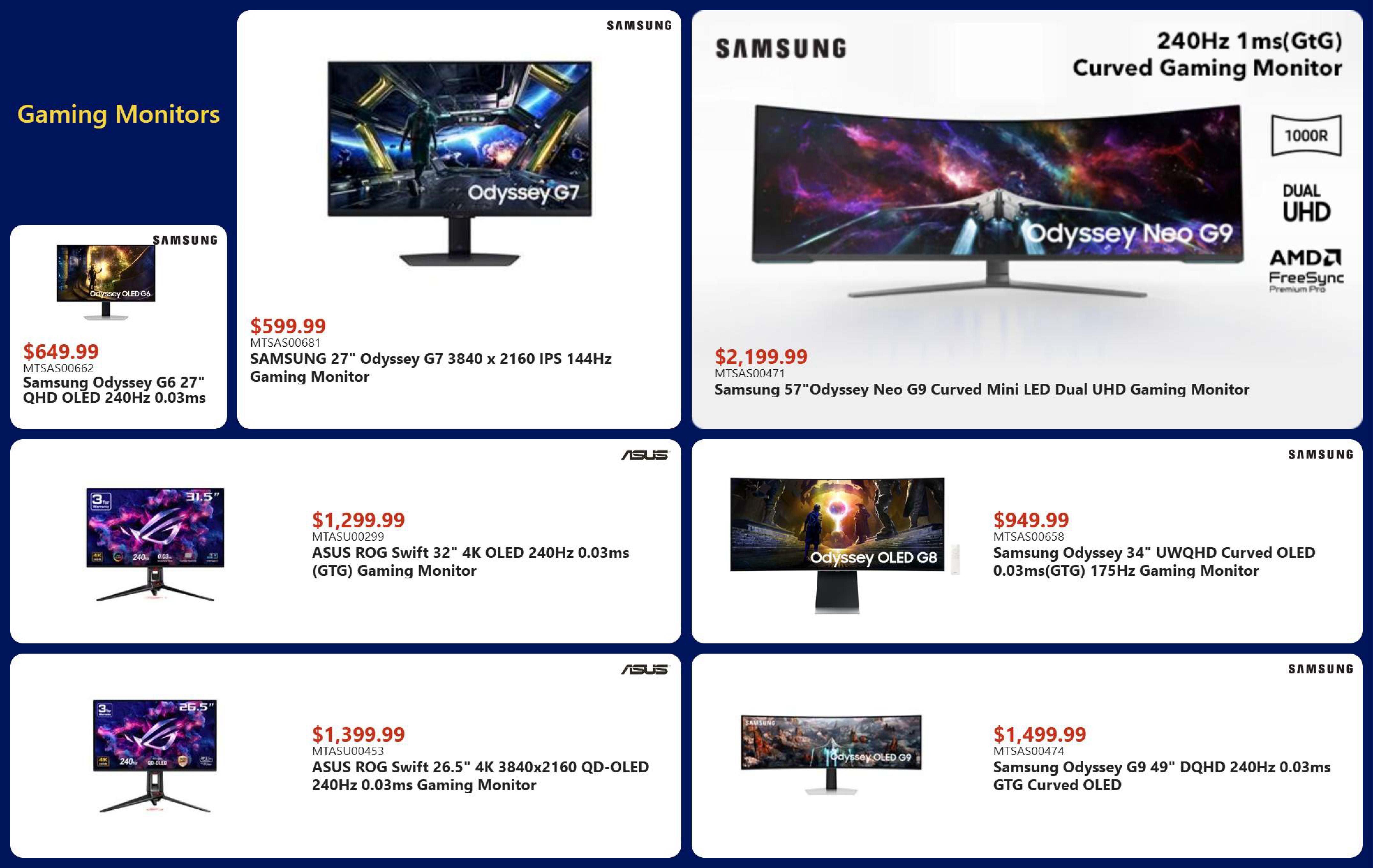 Canada Computers Weekly Flyer Specials Page 4 features a selection of gaming monitors. Top left: Samsung Odyssey G6 27' QHD OLED 240Hz 0.03ms gaming monitor for $649.99. Top center: Samsung Odyssey G7 27' 3840 x 2160 IPS 144Hz gaming monitor for $599.99. Top right: Samsung 57' Odyssey Neo G9 Curved Mini LED Dual UHD gaming monitor with 240Hz 1ms (GtG) refresh rate, 1000R curvature, Dual UHD resolution, and AMD FreeSync Premium Pro for $2,199.99. Middle left: ASUS ROG Swift 32' 4K OLED 240Hz 0.03ms (GTG) gaming monitor for $1,299.99. Middle right: Samsung Odyssey 34' UWQHD Curved OLED 0.03ms(GTG) 175Hz gaming monitor for $949.99. Bottom left: ASUS ROG Swift 26.5' 4K 3840x2160 QD-OLED 240Hz 0.03ms gaming monitor for $1,399.99. Bottom right: Samsung Odyssey G9 49' DQHD 240Hz 0.03ms GTG Curved OLED monitor for $1,499.99.