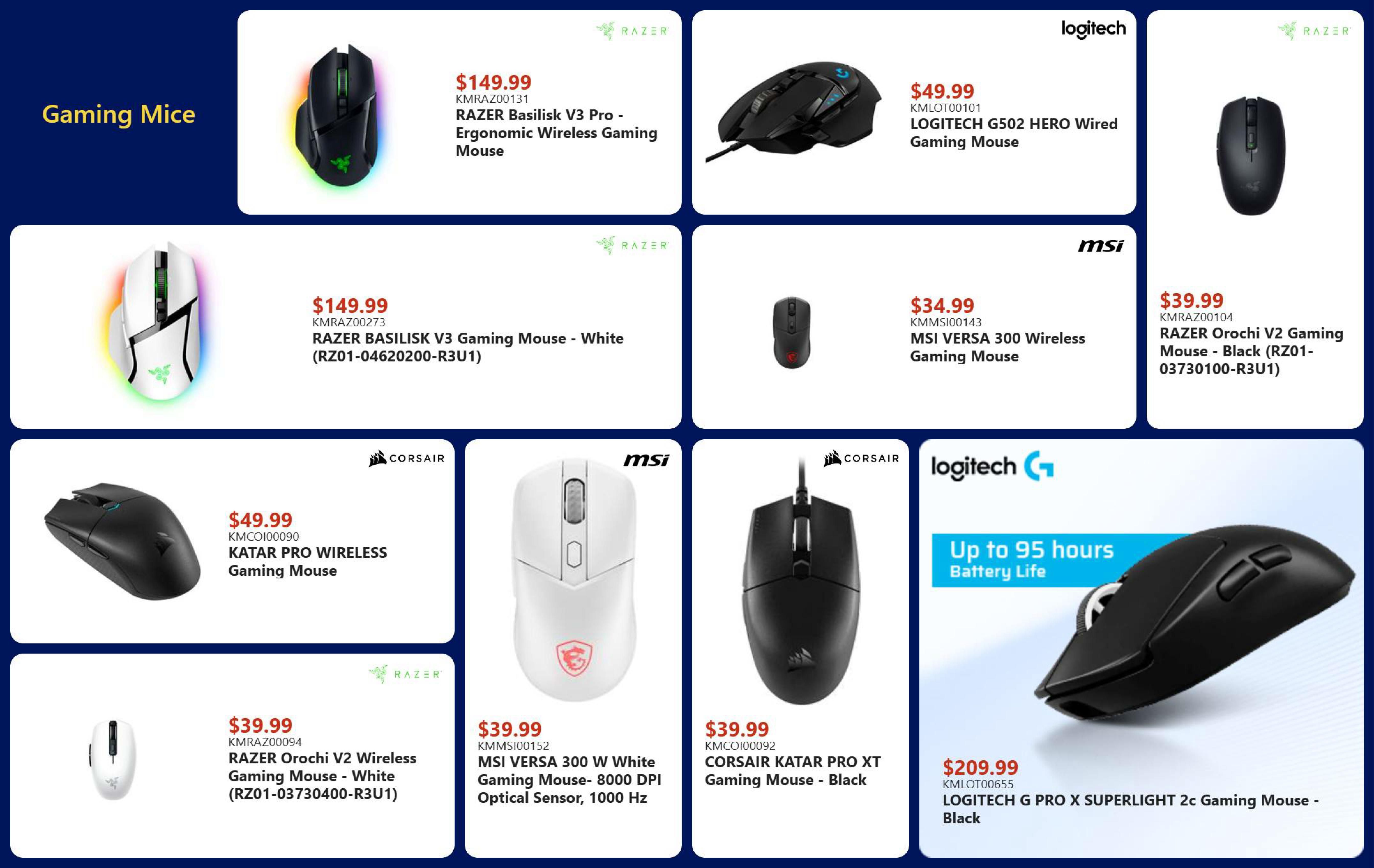 Canada Computers weekly flyer specials page 6 features a selection of gaming mice. Top row includes RAZER Basilisk V3 Pro - Ergonomic Wireless Gaming Mouse for $149.99, LOGITECH G502 HERO Wired Gaming Mouse for $49.99, and RAZER Orochi V2 Gaming Mouse - Black for $39.99. Middle row showcases RAZER Basilisk V3 Gaming Mouse - White for $149.99, MSI VERSA 300 Wireless Gaming Mouse for $34.99, and RAZER Orochi V2 Gaming Mouse - White for $39.99. Bottom row features CORSAIR KATAR PRO WIRELESS Gaming Mouse for $49.99, MSI VERSA 300 W White Gaming Mouse - 8000 DPI Optical Sensor, 1000 Hz for $39.99, CORSAIR KATAR PRO XT Gaming Mouse - Black for $39.99, and LOGITECH G PRO X SUPERLIGHT 2c Gaming Mouse - Black for $209.99, with up to 95 hours battery life.