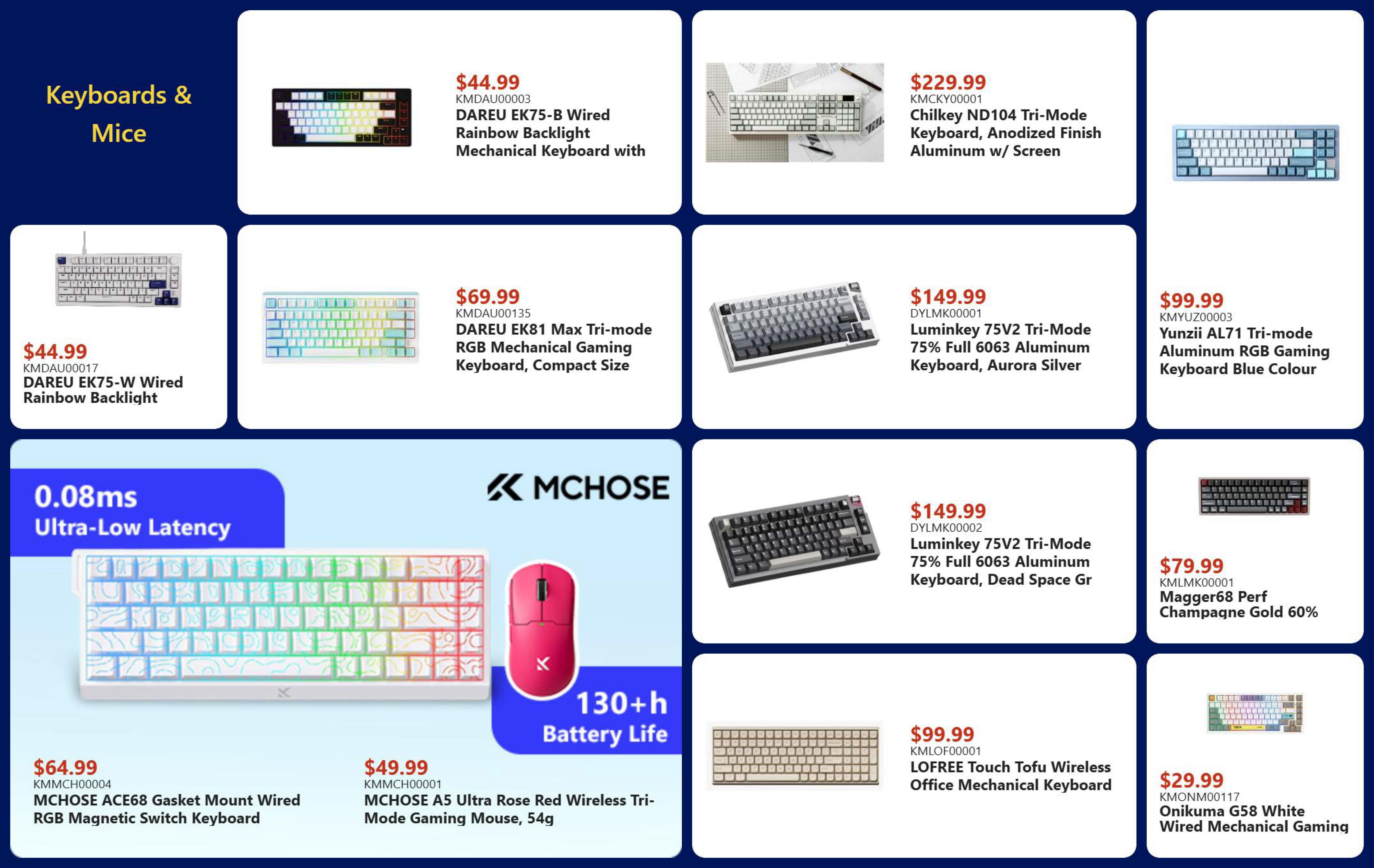 Canada Computers weekly flyer specials page 8 features a variety of keyboards and mice. Featured items include the DAREU EK75-B Wired Rainbow Backlight Mechanical Keyboard for $44.99, the DAREU EK75-W Wired Rainbow Backlight for $44.99, and the DAREU EK81 Max Tri-mode RGB Mechanical Gaming Keyboard, Compact Size for $69.99. Also available are the Chilkey ND104 Tri-Mode Keyboard, Anodized Finish Aluminum w/ Screen for $229.99, the Yunzii AL71 Tri-mode Aluminum RGB Gaming Keyboard Blue Colour for $99.99, and the Luminkey 75V2 Tri-Mode 75% Full 6063 Aluminum Keyboard in Aurora Silver for $149.99 and Dead Space Grey for $149.99. MCHOSE products include the ACE68 Gasket Mount Wired RGB Magnetic Switch Keyboard for $64.99 and the A5 Ultra Rose Red Wireless Tri-Mode Gaming Mouse, 54g for $49.99, boasting 130+ hours of battery life and 0.08ms ultra-low latency. Other keyboards include the Magger68 Perf Champagne Gold 60% for $79.99, the LOFREE Touch Tofu Wireless Office Mechanical Keyboard for $99.99, and the Onikuma G58 White Wired Mechanical Gaming keyboard for $29.99.