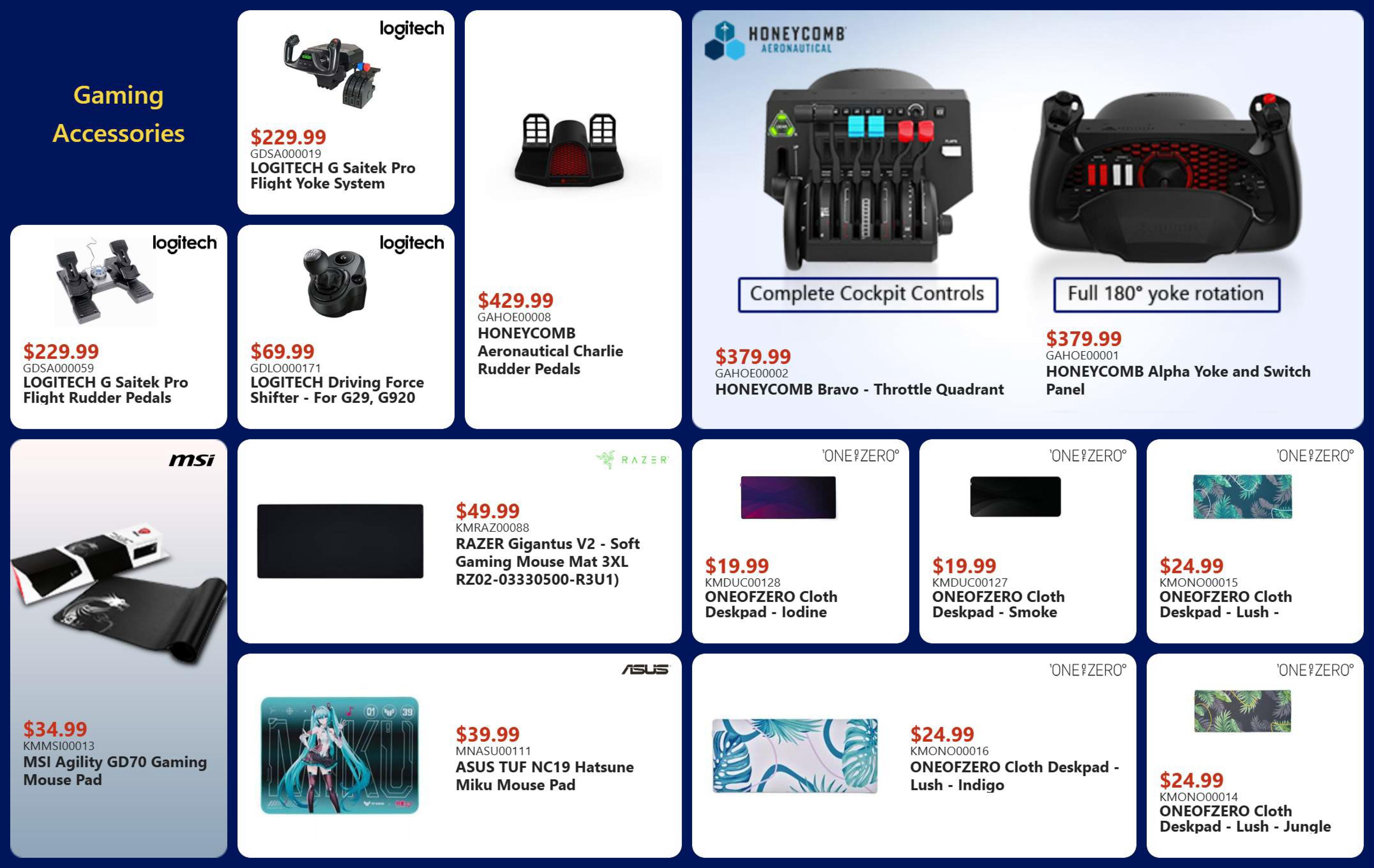 Canada Computers Weekly Flyer Specials, Page 9: Gaming Accessories. Featured products include the Logitech G Saitek Pro Flight Yoke System for $229.99, Logitech G Saitek Pro Flight Rudder Pedals for $229.99, and Logitech Driving Force Shifter - For G29, G920 for $69.99. Also available are HONEYCOMB Aeronautical Charlie Rudder Pedals for $429.99, HONEYCOMB Bravo - Throttle Quadrant for $379.99, and HONEYCOMB Alpha Yoke and Switch Panel for $379.99. Other accessories include the MSI Agility GD70 Gaming Mouse Pad for $34.99, RAZER Gigantus V2 - Soft Gaming Mouse Mat 3XL for $49.99, and ASUS TUF NC19 Hatsune Miku Mouse Pad for $39.99. Additionally, ONESOFZERO Cloth Deskpads are available in various designs: Iodine for $19.99, Smoke for $19.99, Lush - for $24.99, Lush - Indigo for $24.99, and Lush - Jungle for $24.99.