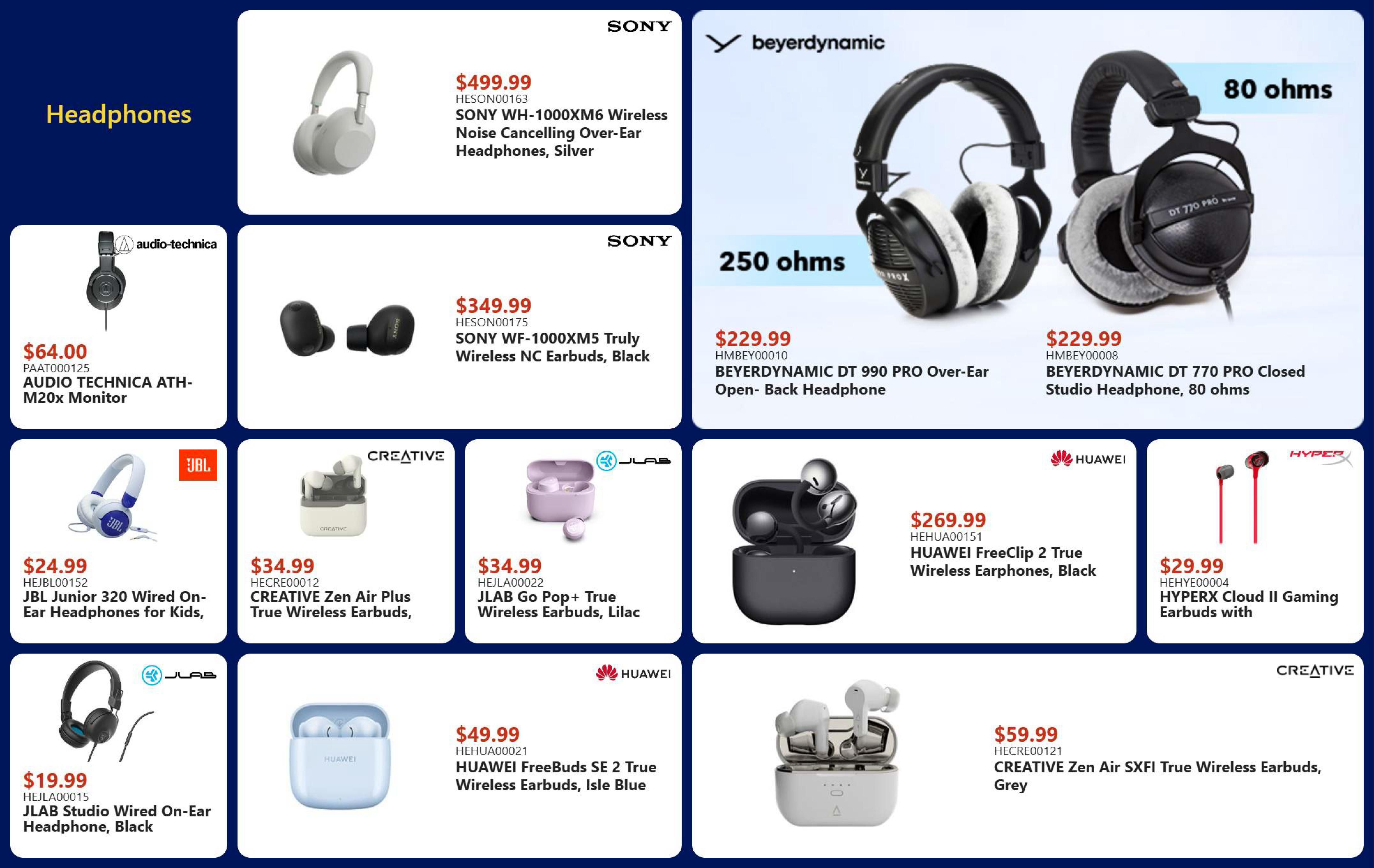 Canada Computers weekly flyer specials page 11 features a variety of headphones and earbuds. Top offers include SONY WH-1000XM6 Wireless Noise Cancelling Over-Ear Headphones in Silver for $499.99 and SONY WF-1000XM5 Truly Wireless NC Earbuds in Black for $349.99. Also featured are BEYERDYNAMIC DT 990 PRO Over-Ear Open-Back Headphones for 250 ohms at $229.99 and BEYERDYNAMIC DT 770 PRO Closed Studio Headphones for 80 ohms at $229.99. Other deals include AUDIO TECHNICA ATH-M20x Monitor Headphones for $64.00, JBL Junior 320 Wired On-Ear Headphones for Kids for $24.99, and JLAB Studio Wired On-Ear Headphones in Black for $19.99. True wireless earbuds on sale are CREATIVE Zen Air Plus for $34.99, JLAB Go Pop+ in Lilac for $34.99, HUAWEI FreeBuds SE 2 True Wireless Earbuds in Isle Blue for $49.99, HUAWEI FreeClip 2 True Wireless Earphones in Black for $269.99, HYPERX Cloud II Gaming Earbuds with for $29.99, and CREATIVE Zen Air SXFI True Wireless Earbuds in Grey for $59.99.