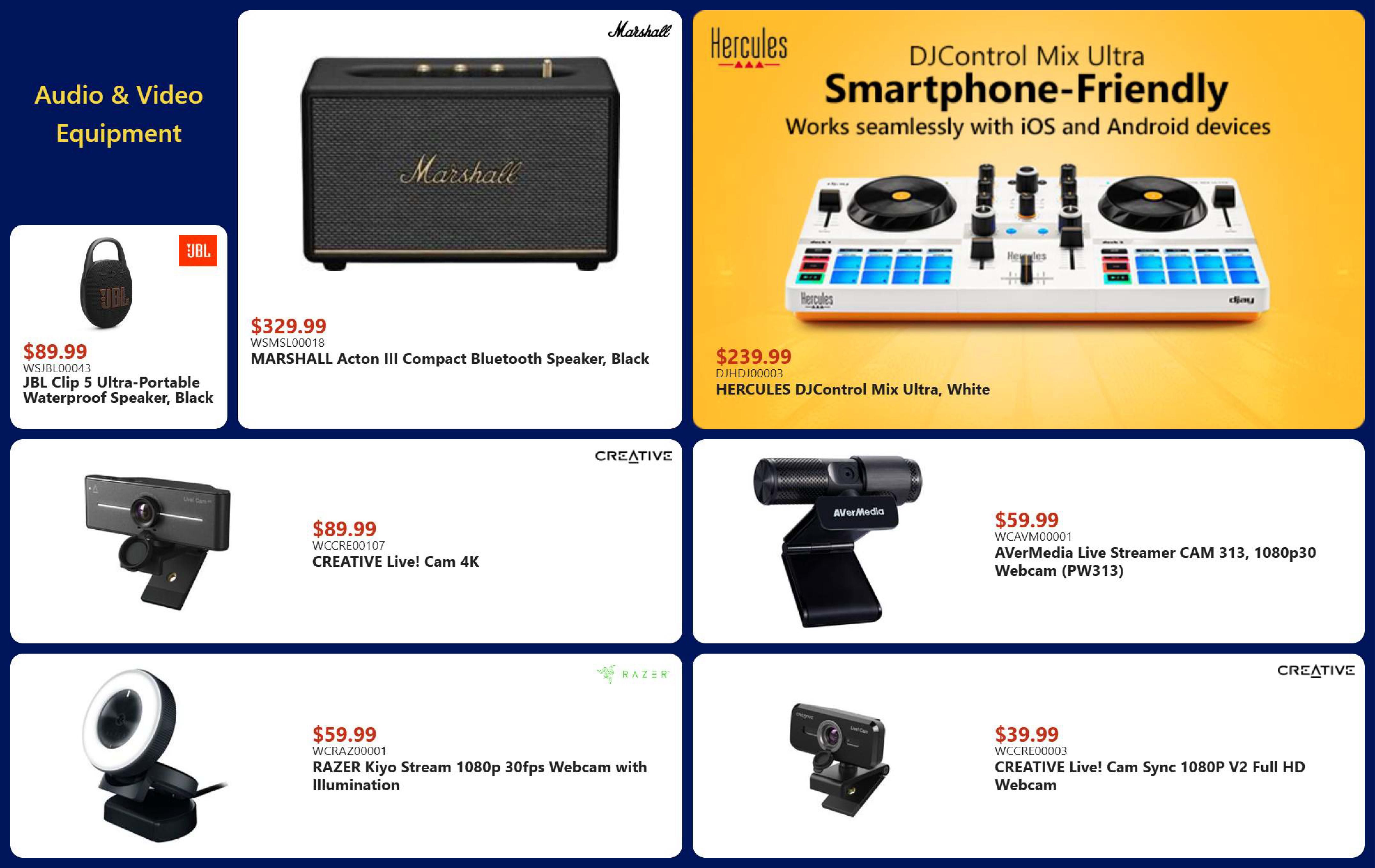 Canada Computers weekly flyer specials page 13 features Audio & Video Equipment. On sale are the JBL Clip 5 Ultra-Portable Waterproof Speaker in Black for $89.99, the MARSHALL Acton III Compact Bluetooth Speaker in Black for $329.99, and the HERCULES DJControl Mix Ultra Smartphone-Friendly DJ Controller in White for $239.99. Also available are the CREATIVE Live! Cam 4K webcam for $89.99, the AVERMedia Live Streamer CAM 313, 1080p30 Webcam (PW313) for $59.99, the RAZER Kiyo Stream 1080p 30fps Webcam with Illumination for $59.99, and the CREATIVE Live! Cam Sync 1080P V2 Full HD Webcam for $39.99.