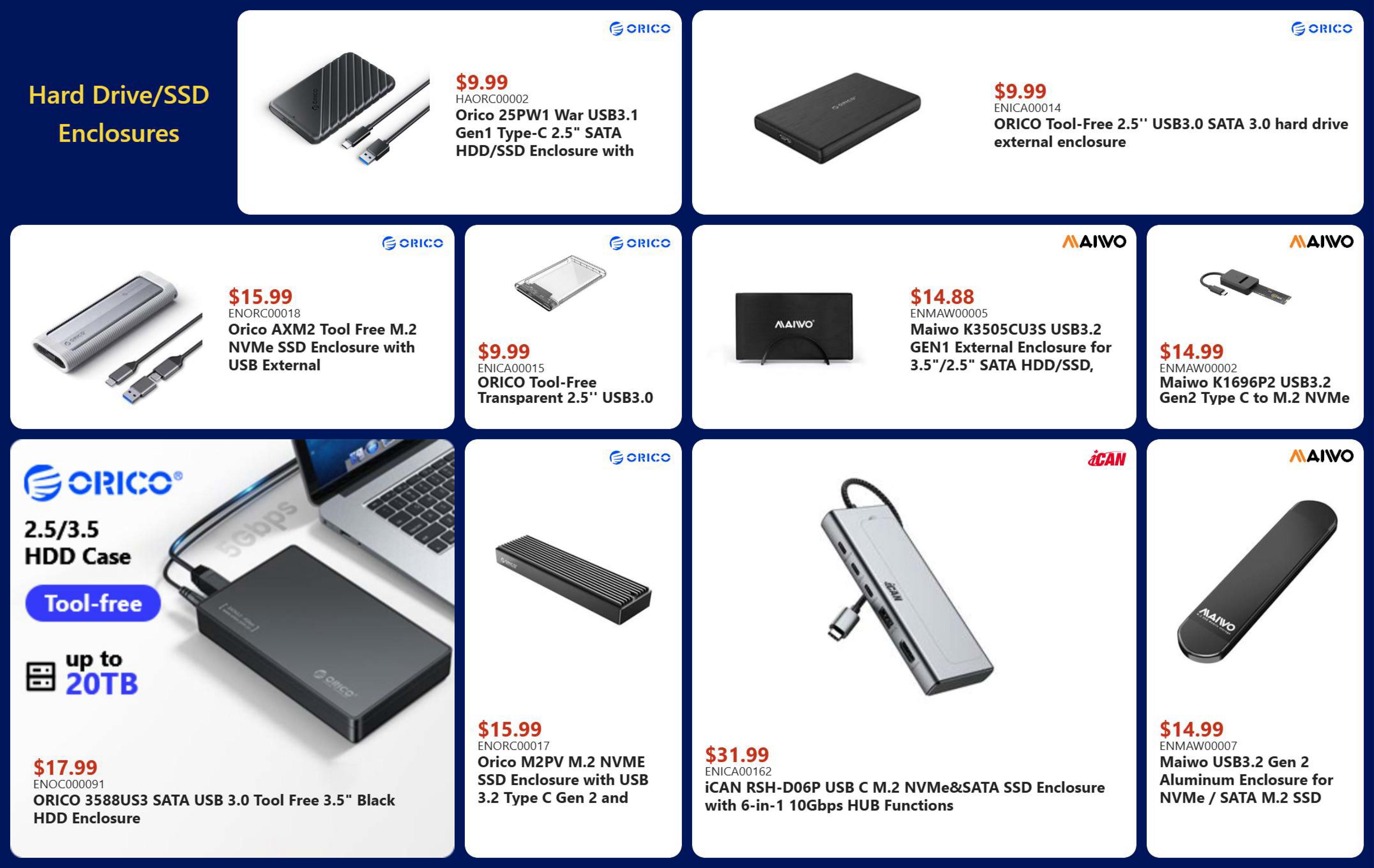 Canada Computers Weekly Flyer Specials, Page 14. This page features various hard drive and SSD enclosures. Top row includes the Orico 25PW1 War USB3.1 Gen1 Type-C 2.5' SATA HDD/SSD Enclosure for $9.99 and the Orico Tool-Free 2.5' USB3.0 SATA 3.0 hard drive external enclosure for $9.99. Middle row showcases the Orico AXM2 Tool Free M.2 NVMe SSD Enclosure with USB External for $15.99, the Orico Tool-Free Transparent 2.5' USB3.0 enclosure for $9.99, the Maiwo K3505CU3S USB3.2 GEN1 External Enclosure for 3.5'/2.5' SATA HDD/SSD for $14.88, and the Maiwo K1696P2 USB3.2 Gen2 Type C to M.2 NVMe enclosure for $14.99. Bottom row features the Orico 3588US3 SATA USB 3.0 Tool Free 3.5' Black HDD Enclosure supporting up to 20TB for $17.99, the Orico M2PV M.2 NVME SSD Enclosure with USB 3.2 Type C Gen 2 for $15.99, the iCAN RSH-D06P USB C M.2 NVMe&SATA SSD Enclosure with 6-in-1 10Gbps HUB Functions for $31.99, and the Maiwo USB3.2 Gen 2 Aluminum Enclosure for NVMe / SATA M.2 SSD for $14.99.