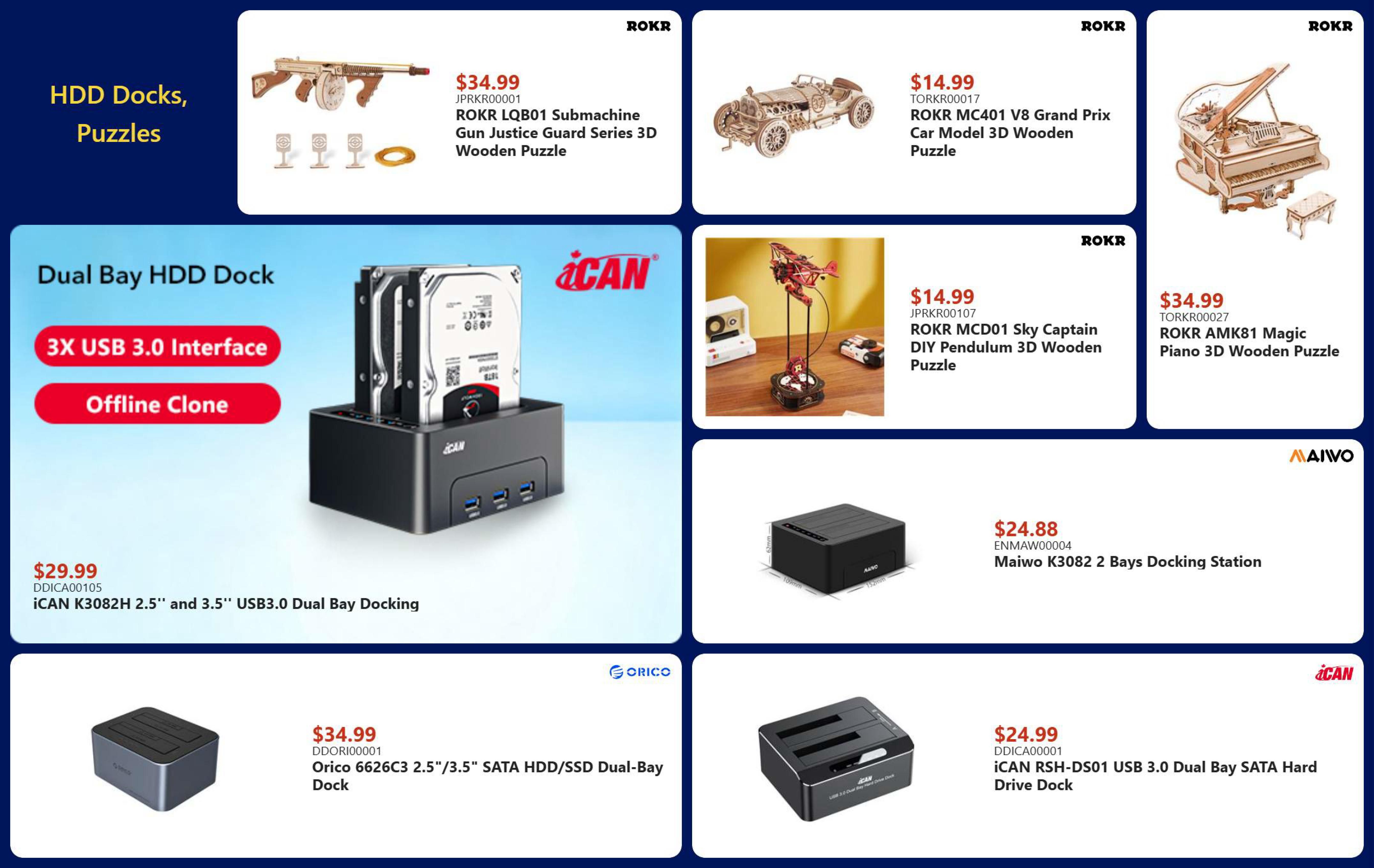 Canada Computers weekly flyer specials page featuring HDD Docks and Puzzles. Products include the ROKR LQB01 Submachine Gun Justice Guard Series 3D Wooden Puzzle for $34.99, ROKR MC401 V8 Grand Prix Car Model 3D Wooden Puzzle for $14.99, and ROKR AMK81 Magic Piano 3D Wooden Puzzle for $34.99. Also featured is the ROKR MCD01 Sky Captain DIY Pendulum 3D Wooden Puzzle for $14.99. Storage solutions include the iCAN K3082H 2.5' and 3.5' USB3.0 Dual Bay Docking Station for $29.99, Maiwo K3082 2 Bays Docking Station for $24.88, Orico 6626C3 2.5'/3.5' SATA HDD/SSD Dual-Bay Dock for $34.99, and iCAN RSH-DS01 USB 3.0 Dual Bay SATA Hard Drive Dock for $24.99.