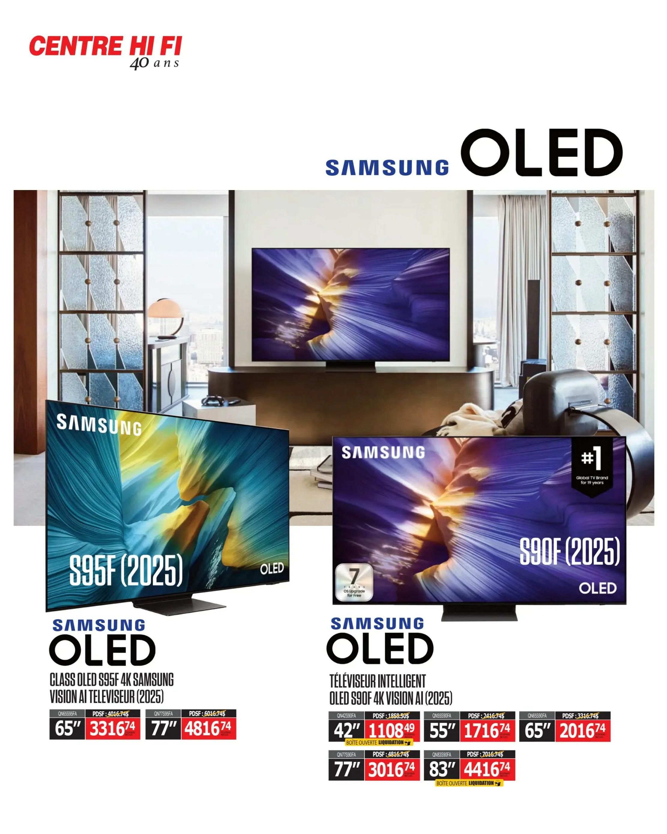 Centre Hi-Fi weekly flyer specials page 4 features Samsung OLED televisions. The Samsung Class OLED S95F 4K Smart TV (2025) is available in 65' for $3316.74 and 77' for $4816.74. The Samsung Intelligent TV OLED S90F 4K Vision AI (2025) is shown with a '#1 Global TV Brand for 19 years' badge and a '7 Years OS Upgrade for Free' sticker. This model is available in 42' for $1108.49, 55' for $1716.74, 65' for $2016.74, 77' for $3016.74, and 83' for $4416.74. Some models are marked as 'BOITE OUVERTE LIQUIDATION' (Open Box Liquidation).