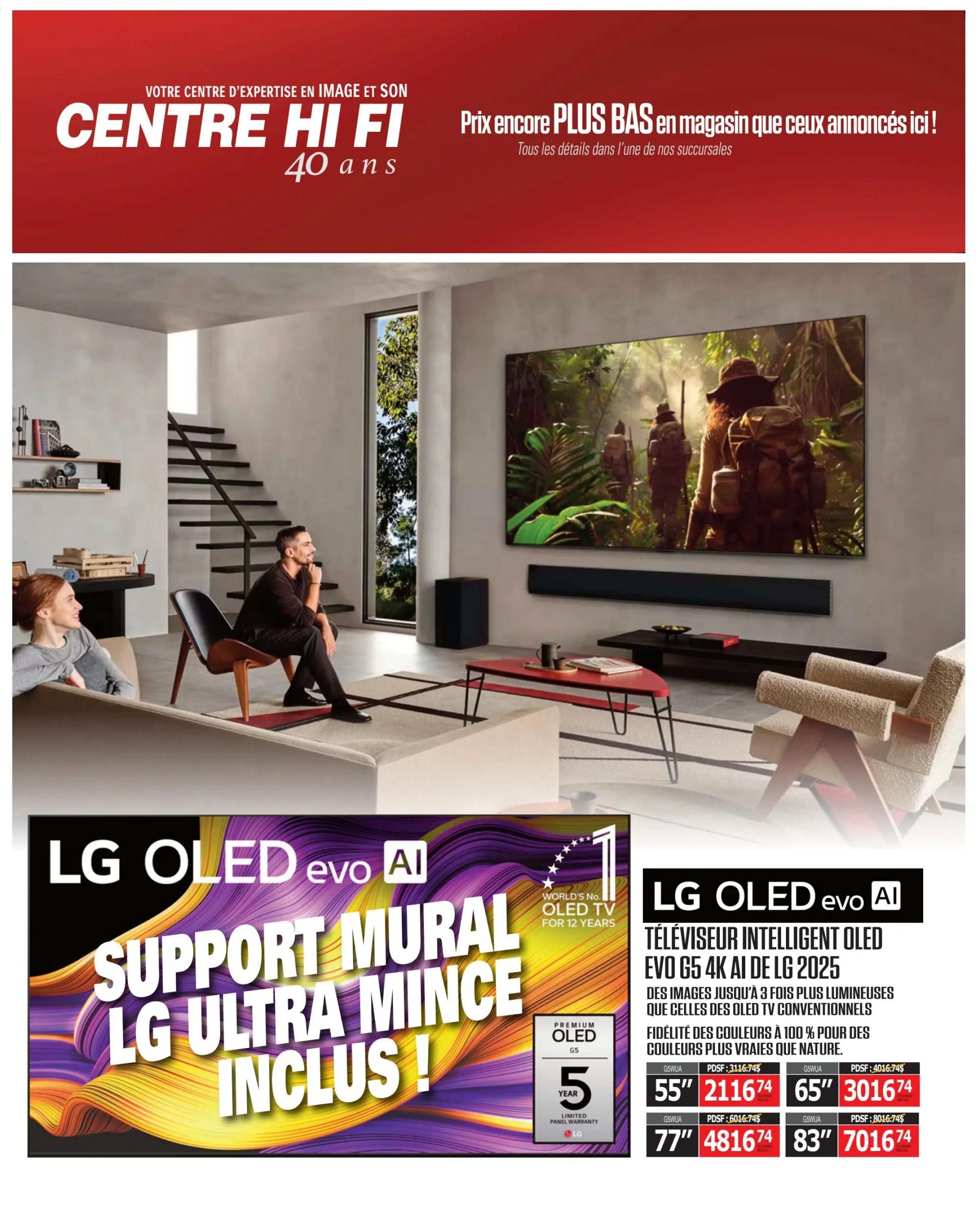 Centre Hi-Fi weekly flyer specials, page 9. Features a promotion for LG OLED evo AI televisions. The LG OLED G5 4K AI TV 2025 offers images up to 3 times brighter than conventional OLED TVs and 100% colour fidelity. A slim wall mount is included with purchase. Available sizes and prices: 55-inch for $2116.74, 65-inch for $3016.74, 77-inch for $4816.74, and 83-inch for $7016.74. The LG OLED TV is the world's number 1 OLED TV for 12 years and comes with a 5-year limited panel warranty.