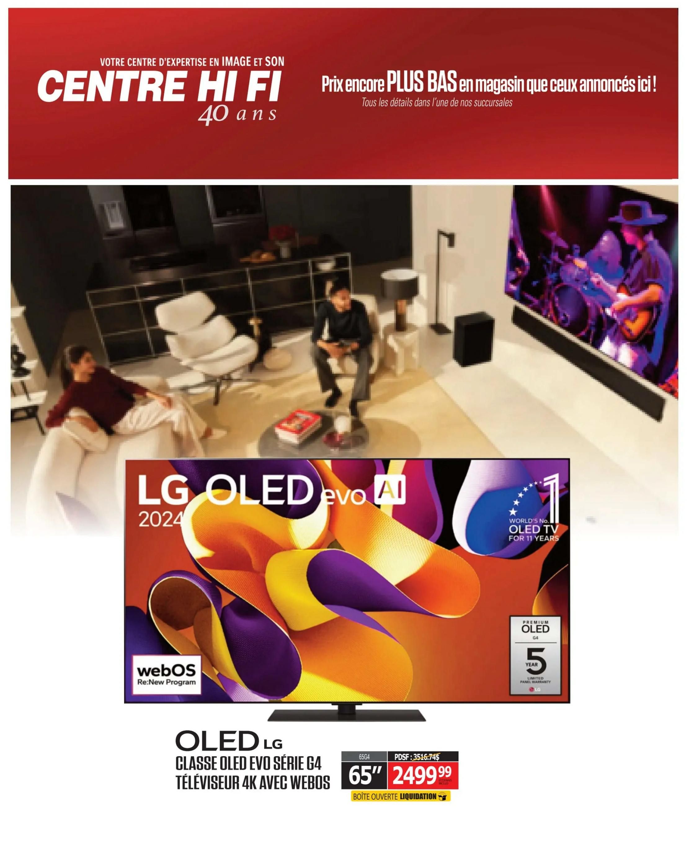 Centre Hi-Fi flyer page featuring a LG 2024 OLED evo AI 4K TV with webOS. The TV is advertised as World's No. 1 OLED TV for 11 years and comes with a 5-year limited panel warranty. The specific model is a 65-inch LG G4 Series OLED evo 4K TV. It is priced at $2499.99, with a regular price of $3516.74. This is a liquidation sale for an open box item. The page also shows a living room setting with people relaxing and a glimpse of a stage performance on a TV screen.