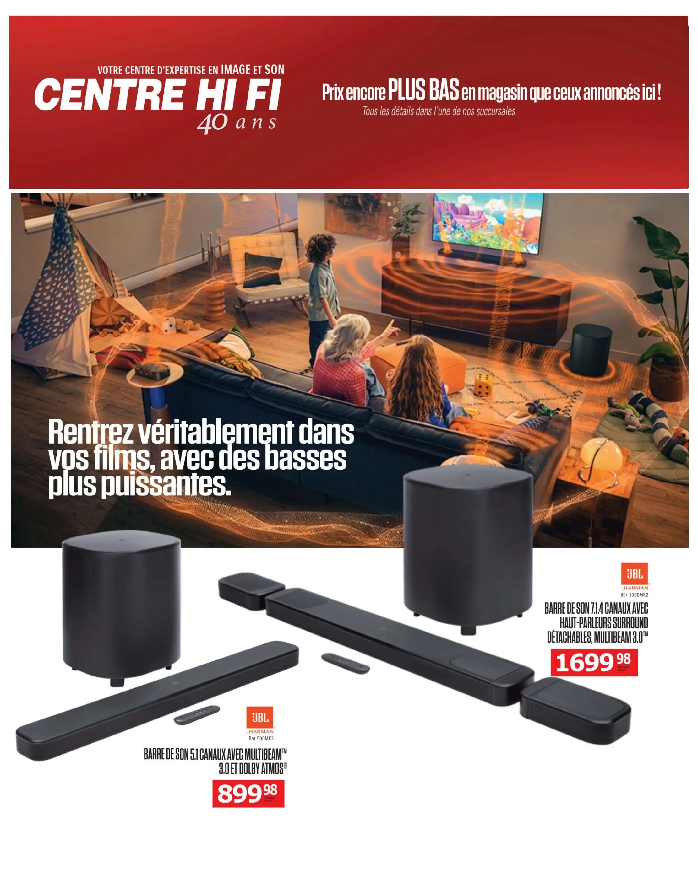 Centre Hi-Fi weekly flyer specials, page 23. The page features a living room scene with the tagline 'Immerse yourself in your movies with more powerful bass.' Below, two JBL soundbar systems are showcased. The first is the JBL Bar 500MK2 5.1 channel soundbar with Multibeam 3.0 and Dolby Atmos, priced at $899.98. The second is the JBL Bar 1000MK2 7.1.4 channel soundbar with detachable surround speakers and Multibeam 3.0, priced at $1699.98.