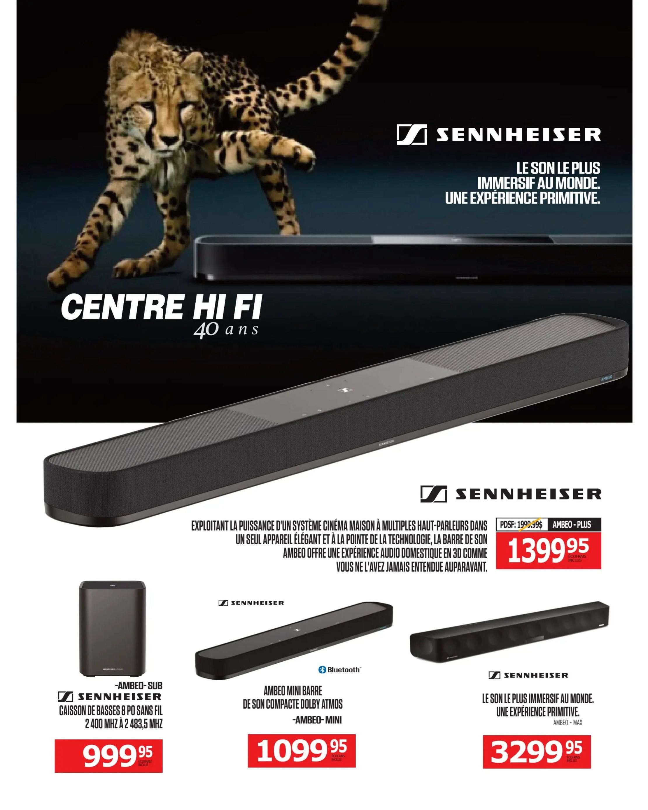 Centre Hi-Fi weekly flyer specials, page 26. Features Sennheiser audio products. The main featured item is the Sennheiser AMBEO Plus soundbar, originally $1999.99, now on sale for $1399.95. Also available is the Sennheiser AMBEO SUB wireless subwoofer for $999.95. Additionally, the Sennheiser AMBEO Mini soundbar is priced at $1099.95, and the Sennheiser AMBEO Max soundbar is available for $3299.95. The page highlights Sennheiser's immersive sound experience.
