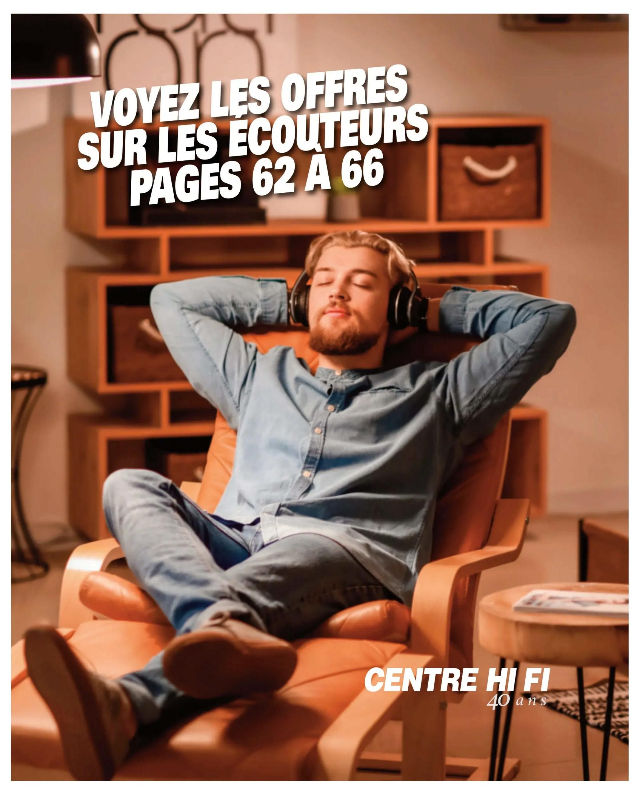 Centre Hi-Fi weekly flyer specials, page 27. A man relaxes in a chair wearing headphones. Text overlay reads: See offers on headphones, pages 62 to 66. Centre Hi-Fi, 40 years.