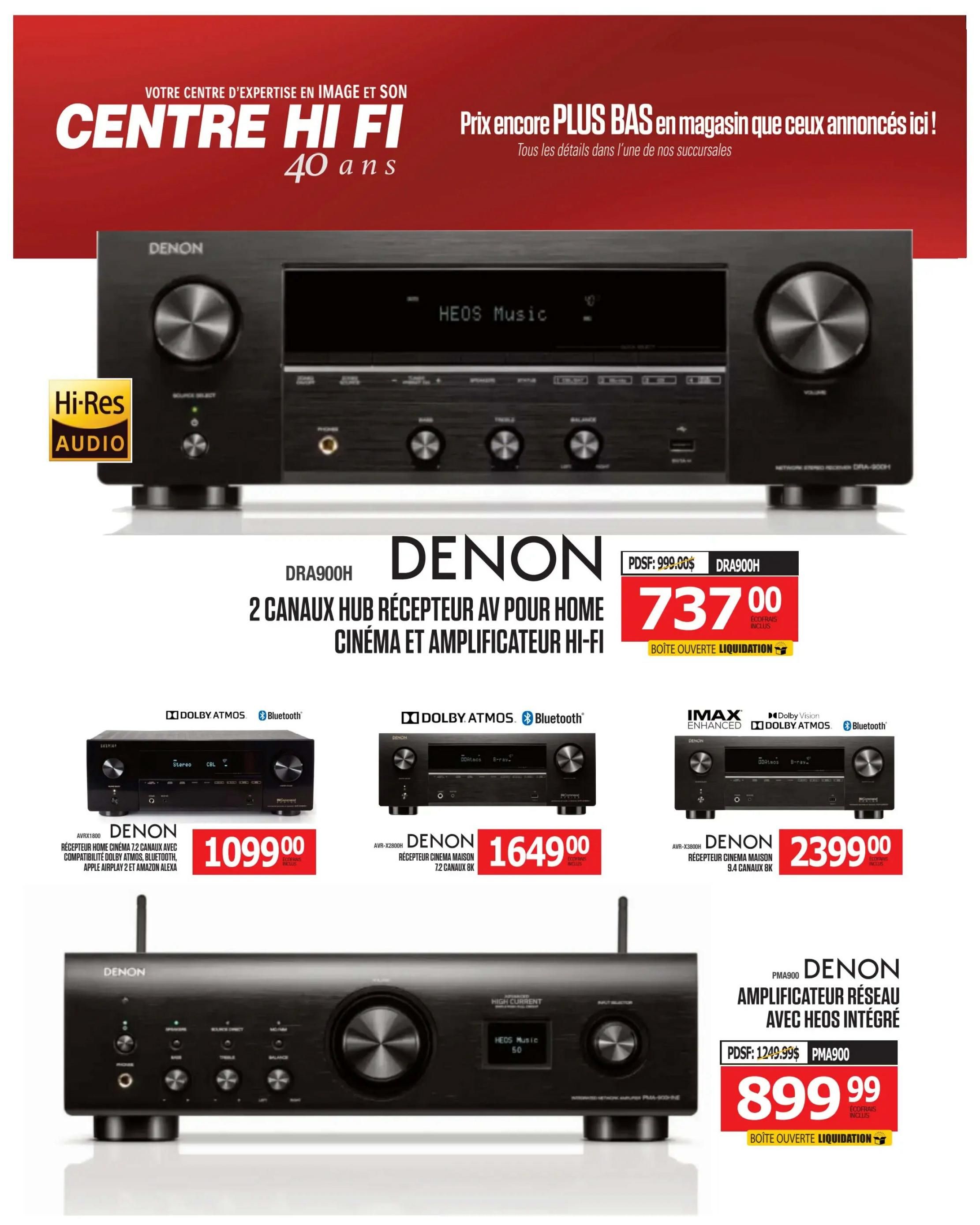 Centre Hi-Fi weekly flyer specials page 39 features Denon audio equipment. The main featured item is the Denon DRA900H 2-channel AV receiver for home cinema and Hi-Fi amplification, priced at $737.00, down from $999.00, marked as 'Open Box Liquidation'. Also shown are the Denon AVRX1800 7.2 channel home cinema receiver with Dolby Atmos, Bluetooth, Apple AirPlay 2, and Amazon Alexa compatibility for $1099.00. Another Denon receiver, the AVR-X2800H 7.2 channel 8K home cinema receiver, is available for $1649.00. Finally, the Denon PMA900 network amplifier with integrated HEOS is priced at $899.99, down from $1249.99, also marked as 'Open Box Liquidation'.