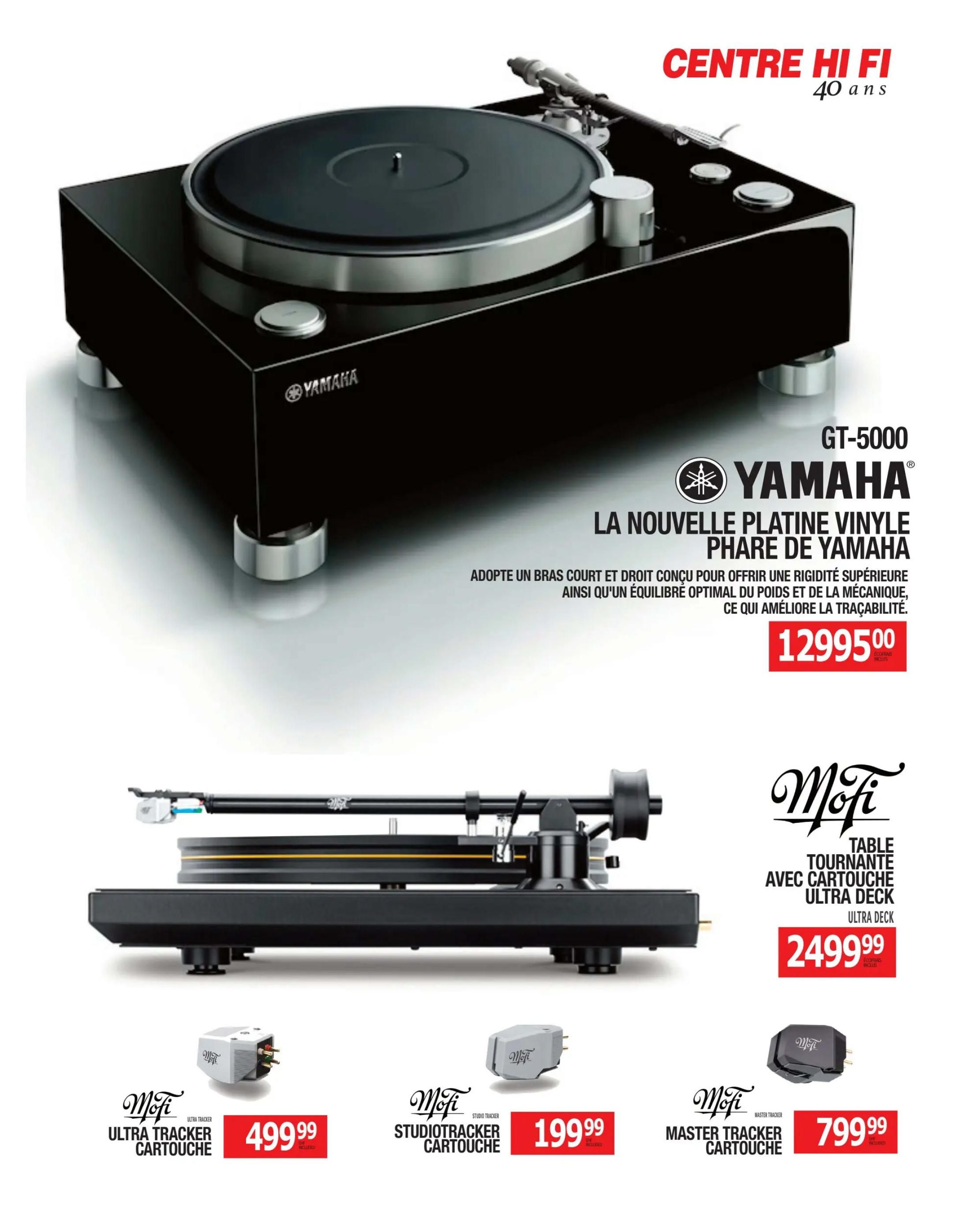 Centre Hi-Fi weekly flyer specials, page 40. Features the Yamaha GT-5000 turntable for $12995.00. Also available are MoFi turntables and cartridges: the MoFi turntable with Ultra Deck cartridge is $2499.99, the MoFi Ultra Tracker cartridge is $499.99, the MoFi StudioTracker cartridge is $199.99, and the MoFi Master Tracker cartridge is $799.99.
