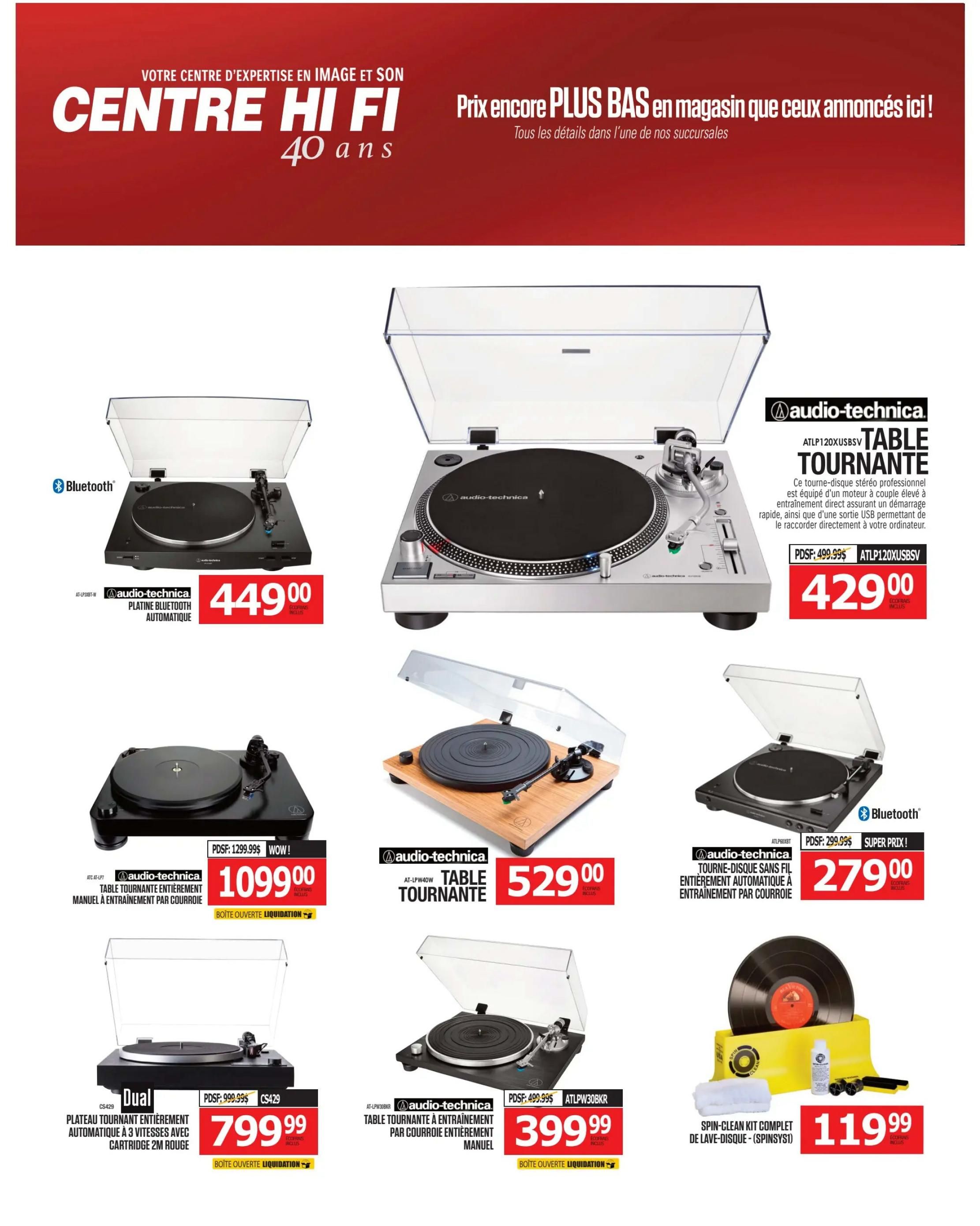 Centre Hi-Fi weekly flyer specials page 41 features a variety of Audio-Technica turntables and accessories. On the top left, an Audio-Technica Bluetooth automatic turntable is priced at $449.00. To the right, a professional stereo turntable with USB output (ATLP120XUSBSV) is on sale for $429.00, down from $499.99. Below, an Audio-Technica turntable (AT-LP60X) is available for $1099.00, marked as 'WOW!'. Another Audio-Technica turntable (AT-LPW40WN) is priced at $529.00. Further down, a Dual CS429 automatic turntable with a red cartridge is offered at $799.99. An Audio-Technica belt-drive turntable (ATLPW30BKR) is on super price at $279.00, down from $299.99. Finally, a Spin-Clean kit for washing records, including a bottle of fluid and brushes, is available for $119.99.