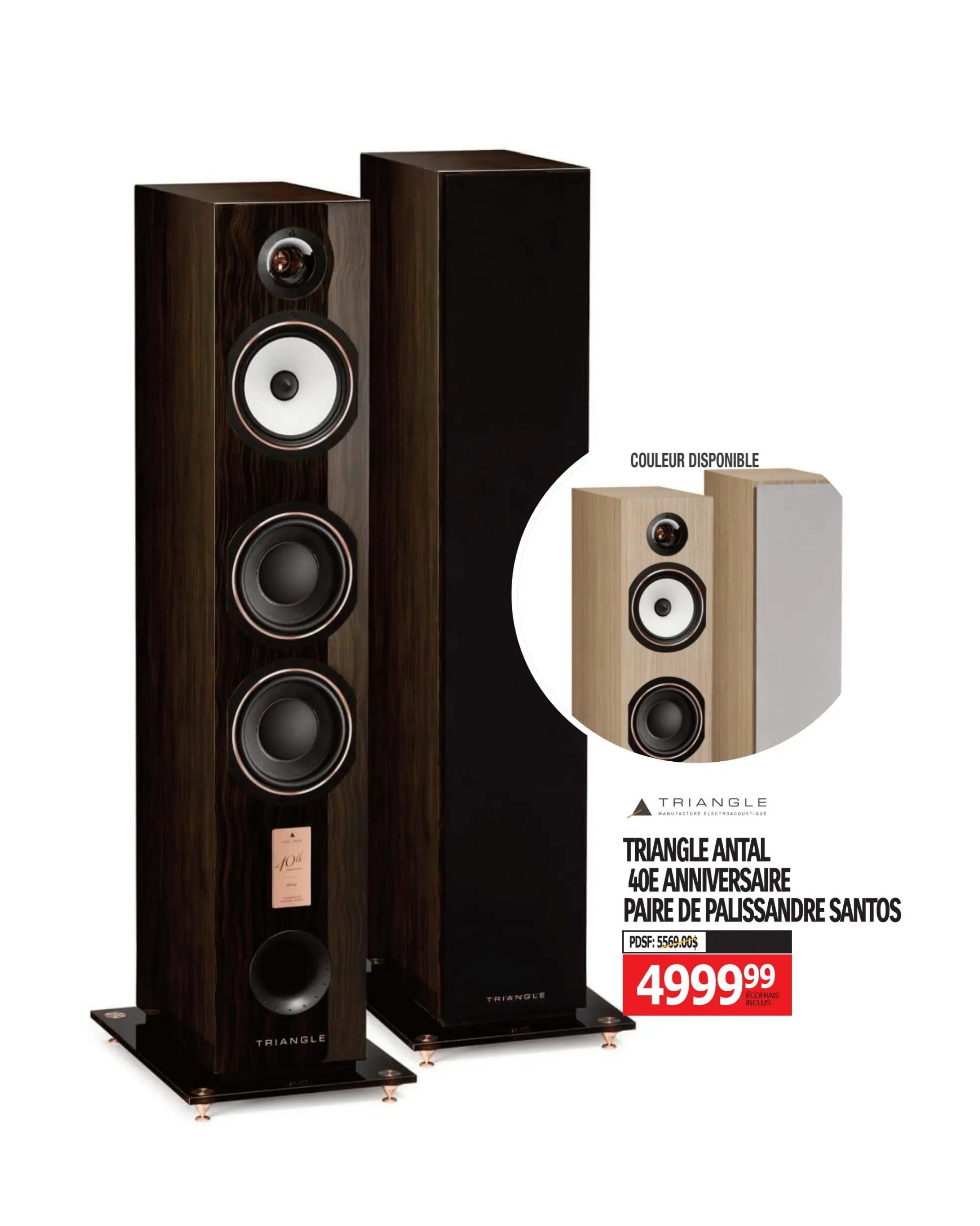 Centre Hi-Fi weekly flyer specials, page 45. Features the Triangle Antal 40th Anniversary speakers in Rosewood Santos finish. The original price was $5569.00, and they are on sale for $4999.99, including eco-fees. A smaller image shows an available colour option for the speakers.