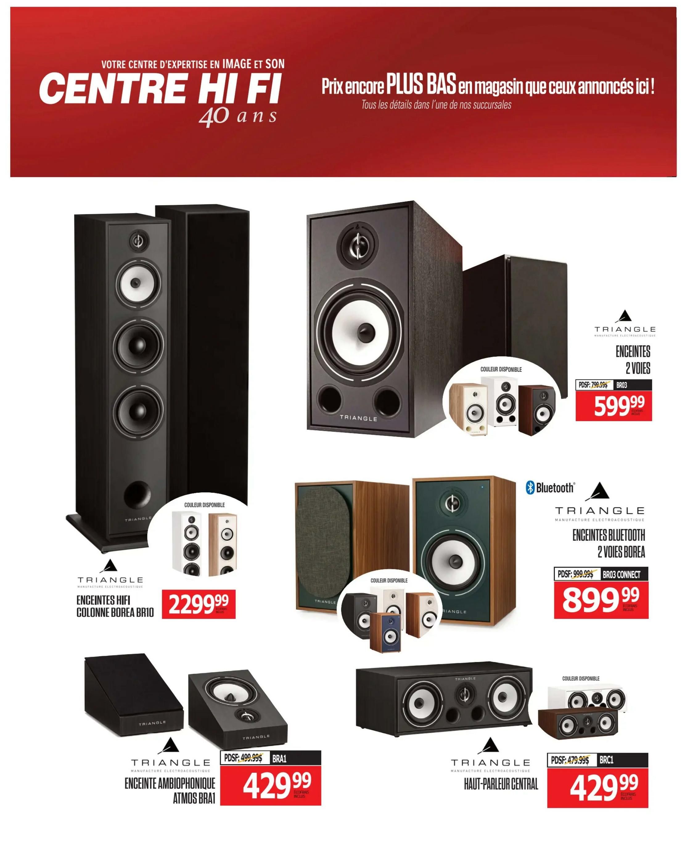 Centre Hi-Fi weekly flyer specials page 46 features Triangle brand audio equipment. Displayed are the Triangle Borea BR10 Hi-Fi column speakers for $2299.99, available in multiple colours. Also featured are Triangle Borea 2-way Bluetooth speakers for $899.99, with a regular price of $999.99. Additionally, Triangle Atmos BR1 ambiphonic speakers are on sale for $429.99, with a regular price of $499.99. Finally, a Triangle central speaker is shown with available colours and a price of $429.99, with a regular price of $479.99.