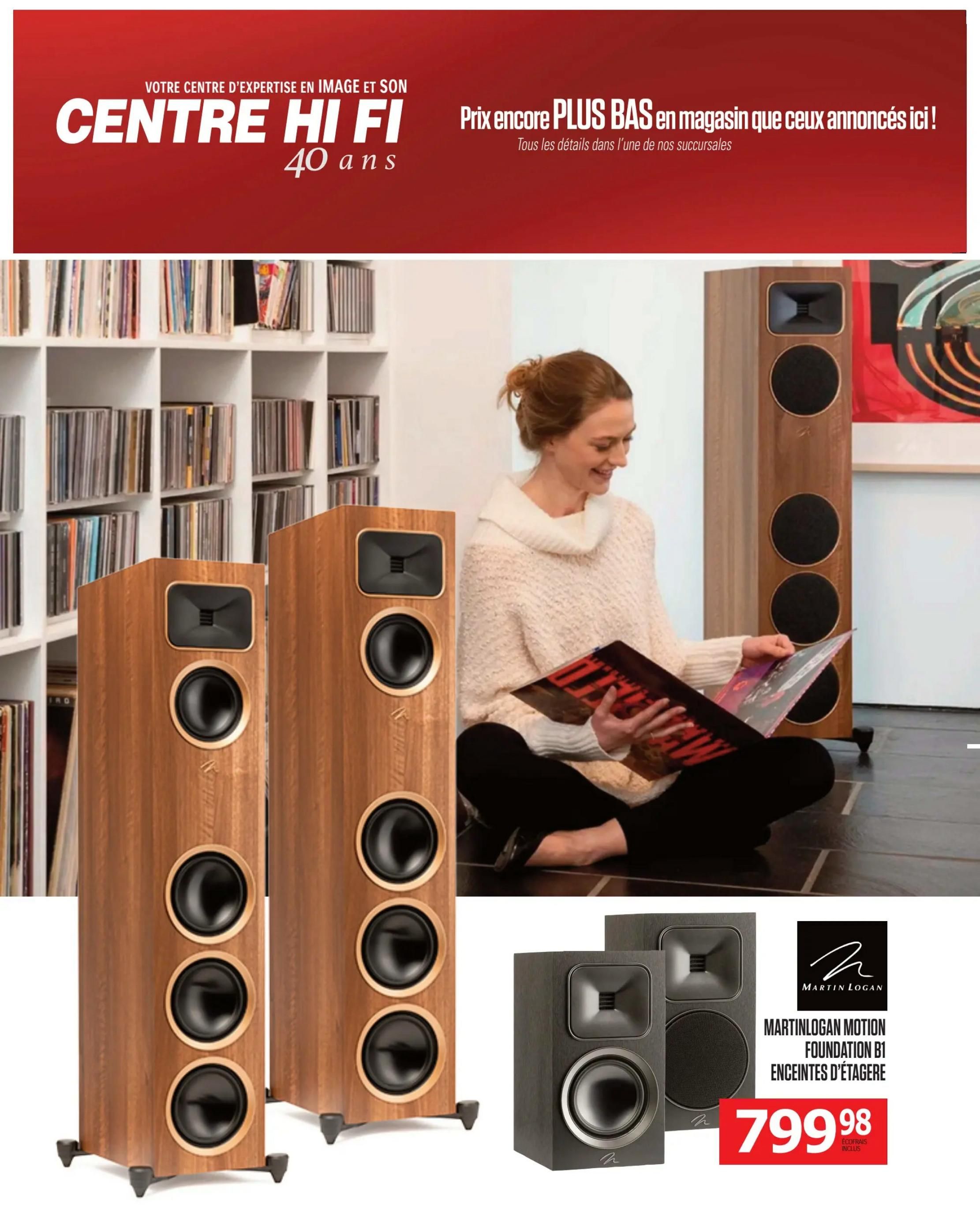 Centre Hi-Fi weekly flyer specials page 48 features a woman sitting on the floor with a stack of records, next to a pair of tall wooden floor-standing speakers. On the right side of the page, a pair of MartinLogan Motion Foundation B1 bookshelf speakers are displayed with the price of $799.98, including eco-fees.