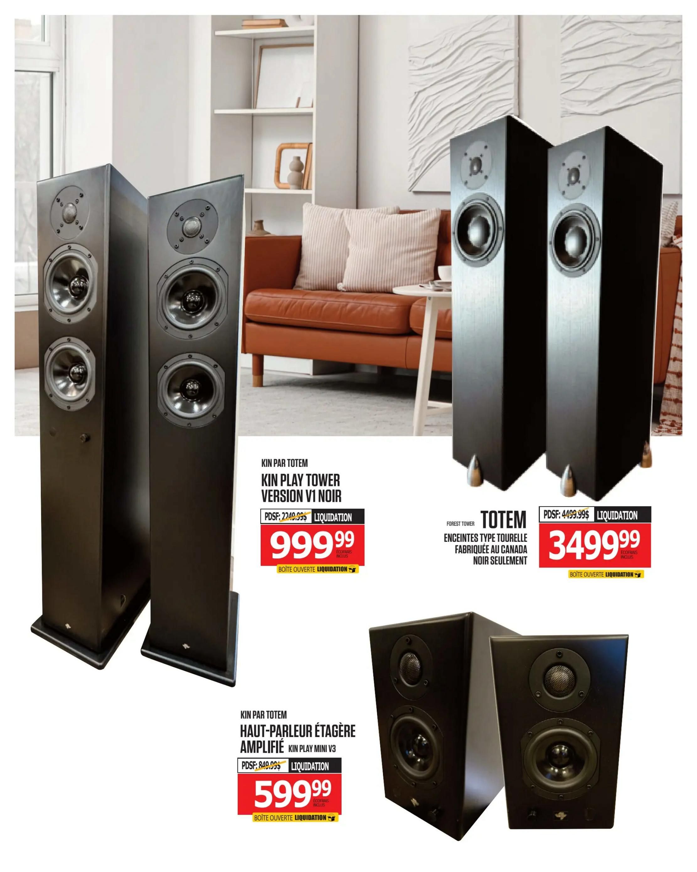 Centre Hi-Fi weekly flyer specials, page 51. Features Totem Kin Play Tower Version V1 Noir speakers, originally $2249.99, now $999.99, marked as liquidation. Also features Totem Forest Tower speakers, originally $4499.99, now $3499.99, described as 'Enceintes Type Tourelle Fabriquee Au Canada Noir Seulement' (Tower Type Speakers Made in Canada Black Only), also liquidation. Additionally, Totem Kin Play Mini V3 amplified bookshelf speakers are on liquidation for $599.99, originally $849.99. All listed items are 'Boite Ouverte Liquidation' (Open Box Liquidation).
