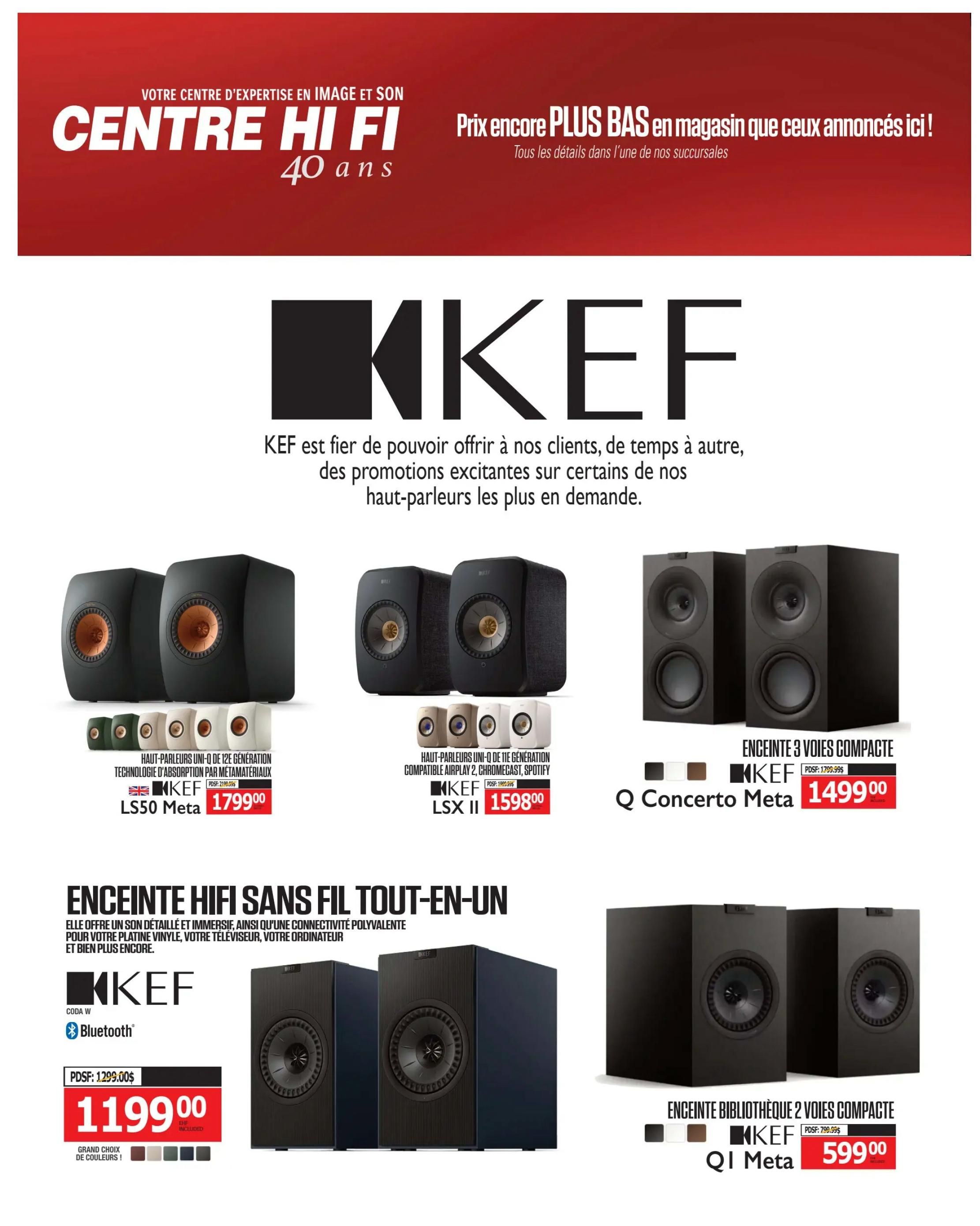 Centre Hi-Fi weekly flyer specials, page 55. Featuring KEF speakers with special pricing. The KEF LS50 Meta Uni-Q 12th Gen speakers with Metamaterial Absorption Technology are priced at $1799.00. The KEF LSX II wireless Hi-Fi speakers, compatible with AirPlay 2, Chromecast, and Spotify, are available for $1598.00. Also featured is the KEF Q Concerto Meta 3-way compact speaker for $1499.00 and the KEF Q1 Meta 2-way compact bookshelf speaker for $599.00. Additionally, the KEF Coda W wireless Hi-Fi all-in-one speaker is on sale for $1199.00, with a regular price of $1299.00, and comes in multiple colours.